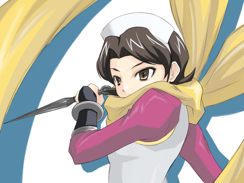 Sayoko Shinozaki 桌布 壁紙 — 一個堅定的動漫女孩穿著護士服，手持匕首，身後有流動的黃色和藍色動作線條。