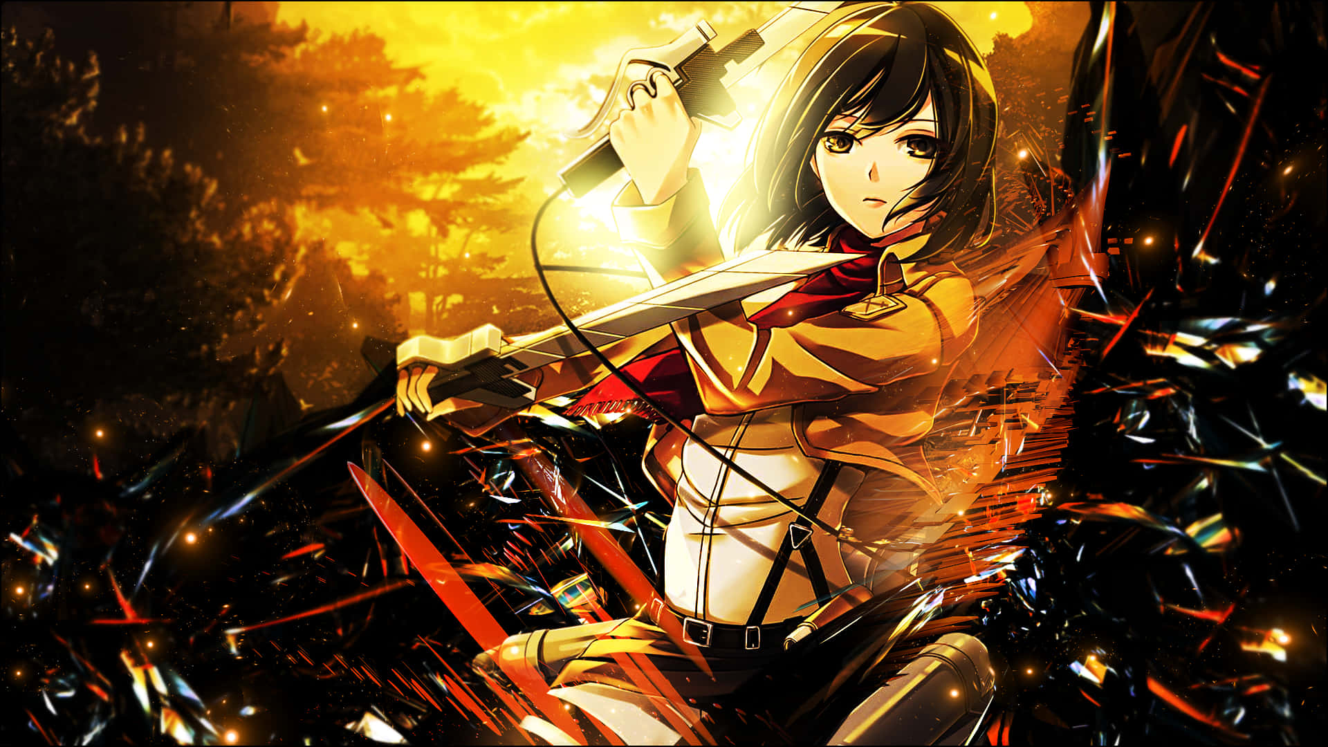 Mikasa Ackerman 桌布 壁紙 — 一個堅定的動漫女孩穿著軍裝，在熾熱的夕陽天空下，在燃燒的碎片中揮舞著劍。