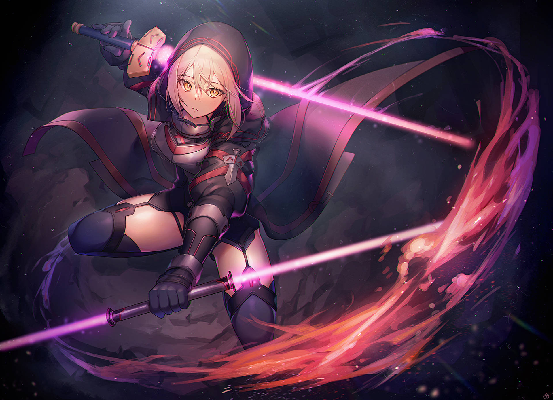 Fate/Grand Order 桌布 壁紙 — 一個堅定的動漫女孩穿著黑暗盔甲，在宇宙虛空中揮舞著發光的劍，周圍環繞著旋轉的粉紅色和橙色能量。