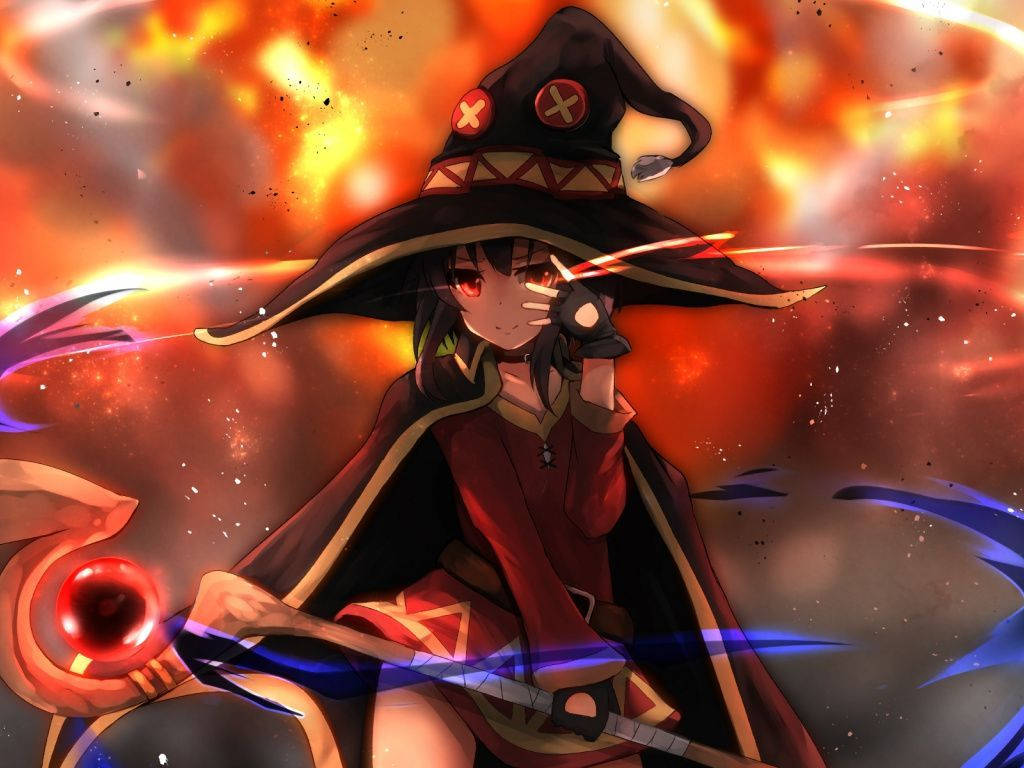 Megumin 桌布 壁紙 — 一個堅定的動漫女巫，身穿紅色斗篷，在熾熱的宇宙背景下揮舞著發光的劍。