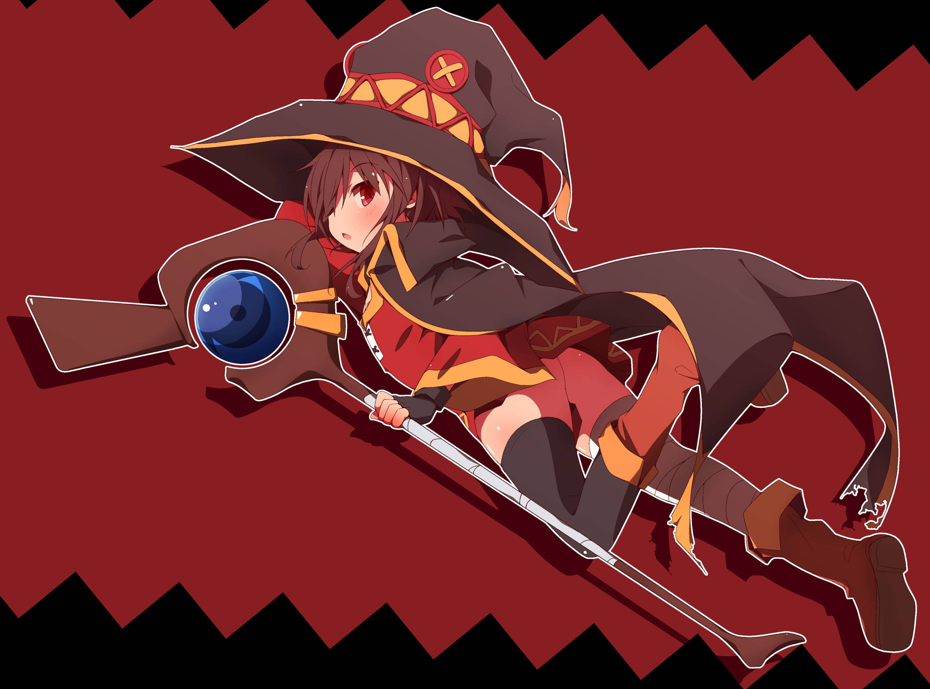 Megumin 桌布 壁紙 — 一個堅定的動漫女巫，身穿紅黑服裝，手持帶有發光藍色球體的法杖，背景是醒目的紅黑鋸齒形圖案。