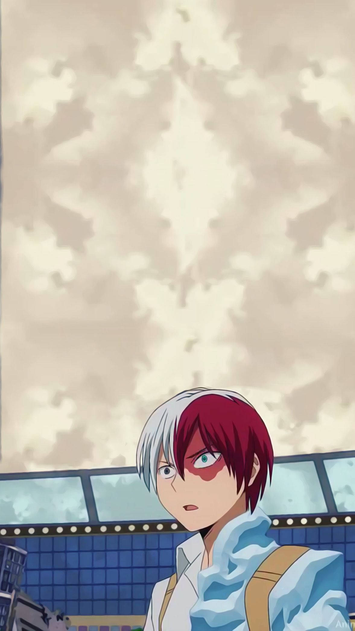 Todoroki Aesthetic 桌布 壁紙 — 一個堅定的動漫少年，紅白頭髮，站在陰天下的體育場前。