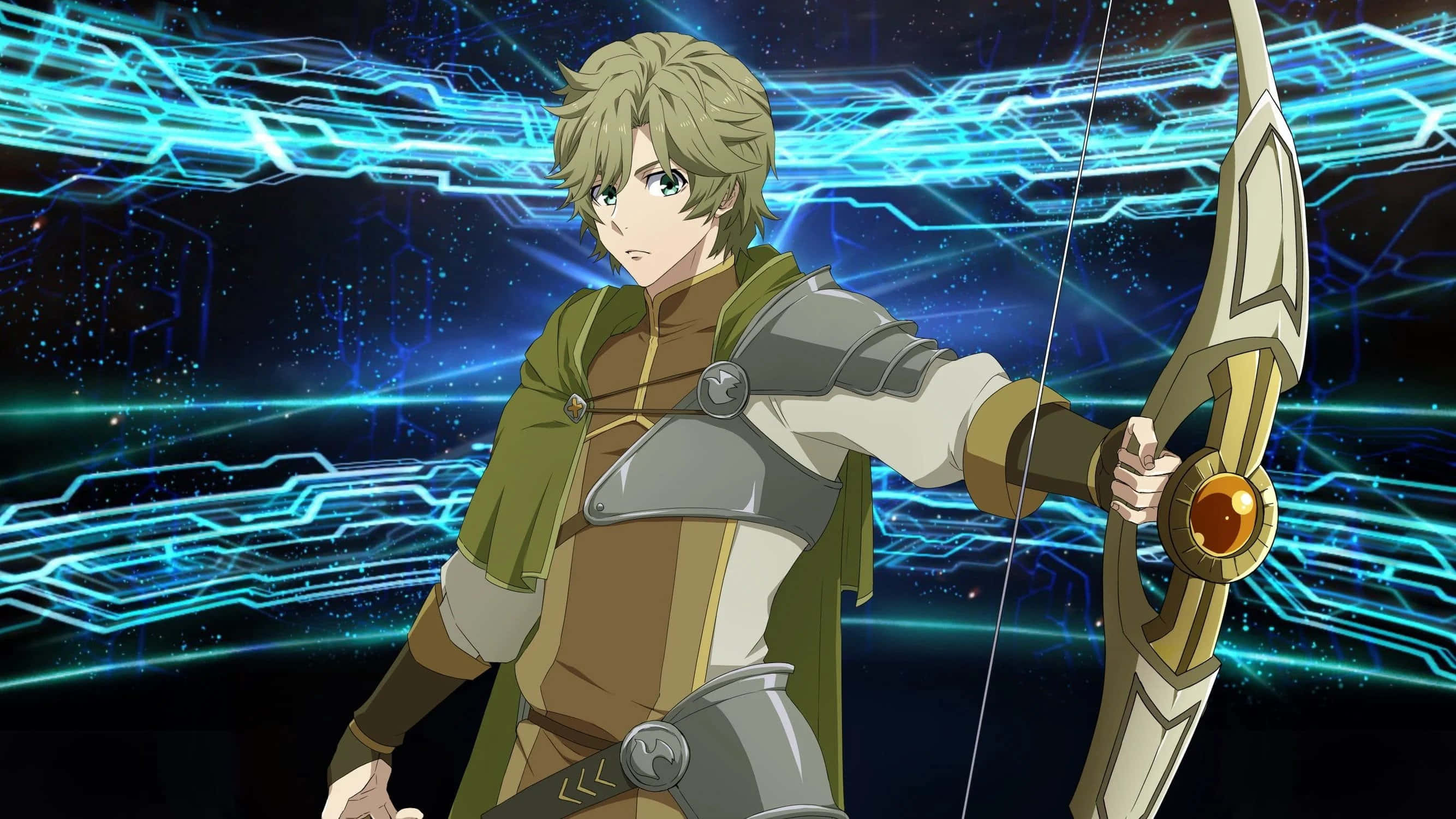 Shield Hero 桌布 壁紙 — 一個堅定的動漫弓箭手穿著盔甲，瞄準發光的弓，背景是充滿活力的藍色數位電路。