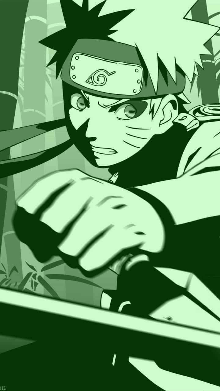 Naruto Green 桌布 壁紙 — 一個堅定的動漫忍者，以綠色單色風格，在竹背景前緊握劍，專注力極強。