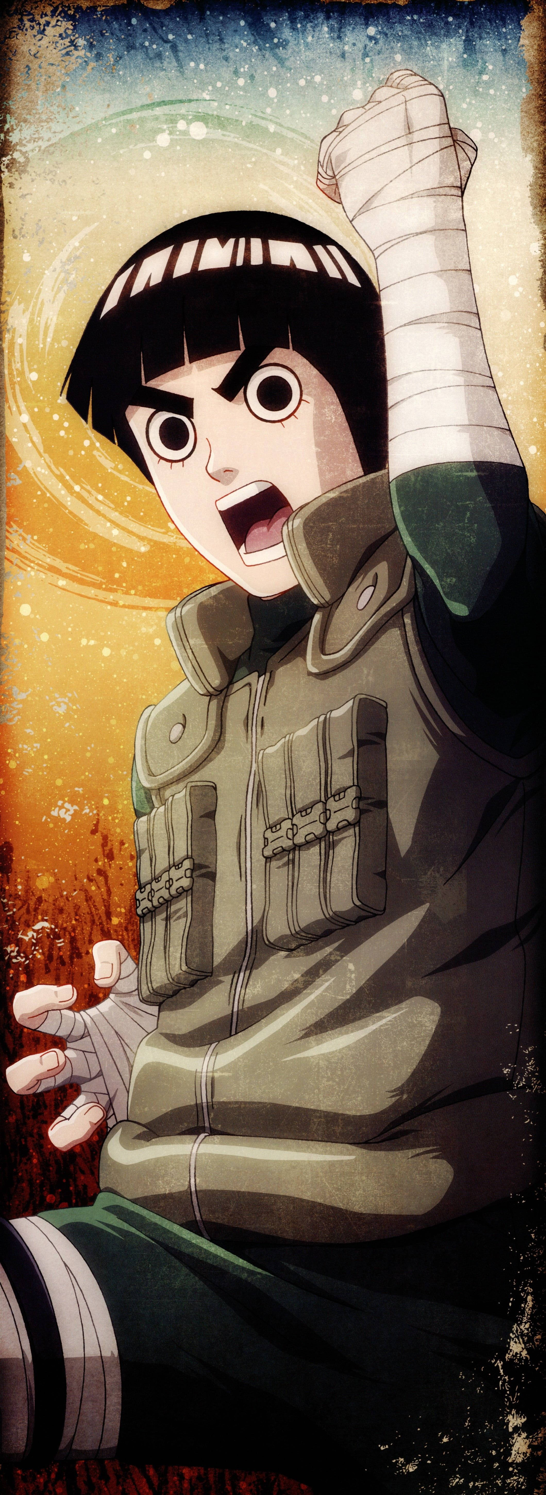 Rock Lee 桌布 壁紙 — 一個堅定的動漫忍者，手臂纏著繃帶，頭戴頭巾，在熾熱的夕陽背景下咆哮。