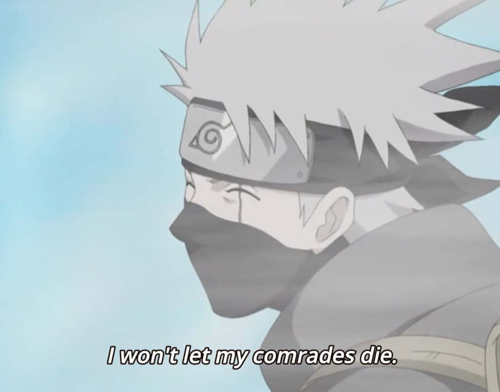 Kakashi Quotes 桌布 壁紙 — 一個堅定的動漫忍者，擁有尖刺的白髮和頭帶，在柔和的藍天下向前凝視。