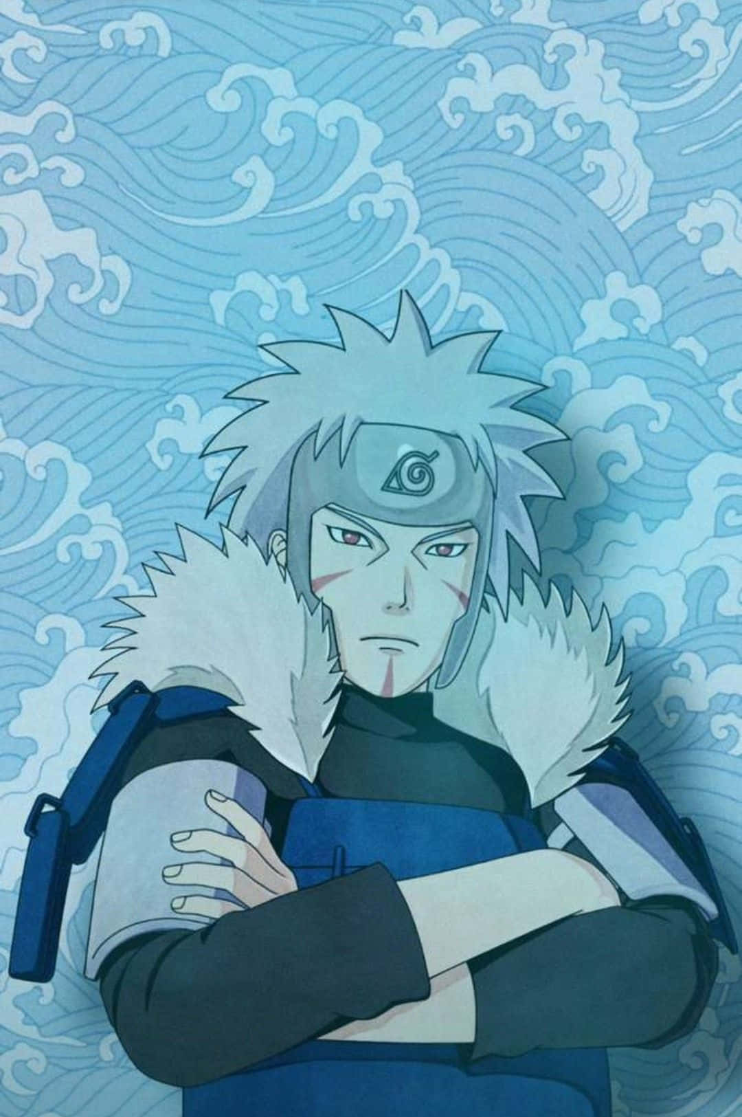 tobirama senju 桌布 壁紙 — 一個堅定的動漫忍者，擁有尖刺銀髮和紅色眼睛，雙臂交叉站在旋轉的藍色波浪圖案背景前。