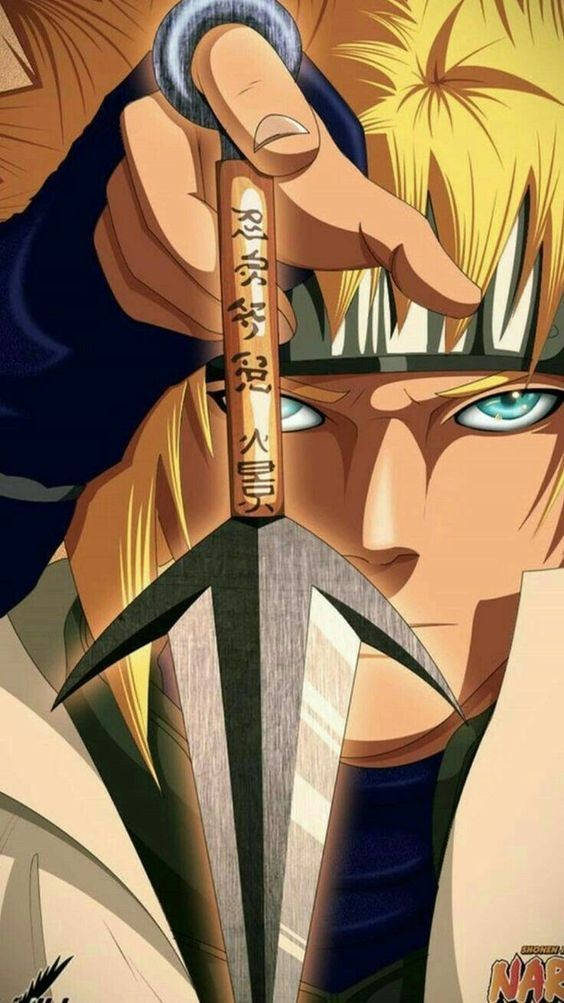 minato namikaze 桌布 壁紙 — 一個堅定的動漫忍者，有著刺蝟般的金髮和藍眼睛，握著一把刀柄上刻有漢字的苦無刀。