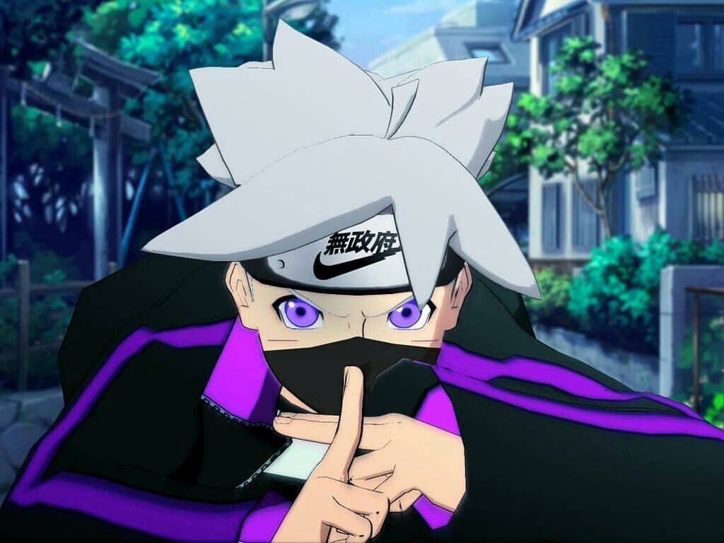 Naruto Gucci 桌布 壁紙 — 一個堅定的動漫忍者，有著尖刺的白髮和紫色的眼睛，在日本的郊區環境中做出安靜的手勢。
