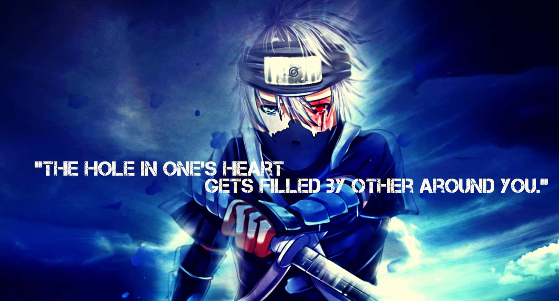 Kakashi Quotes 桌布 壁紙 — 一個堅定的動漫忍者，白髮紅眼，在暴風雨藍天背景下持劍。