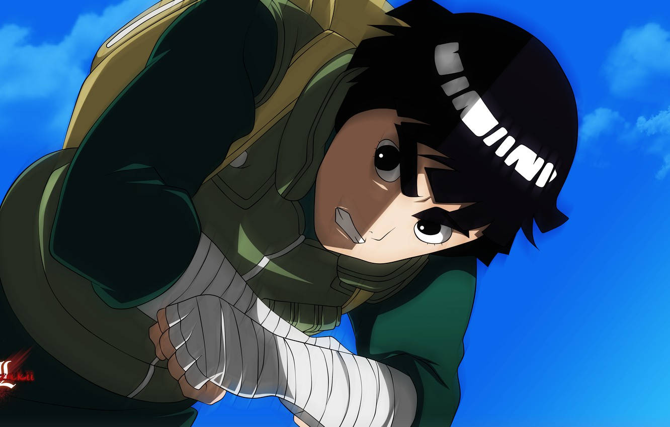 Rock Lee 桌布 壁紙 — 一個堅定的動漫忍者，纏著繃帶的拳頭和頭帶，在明亮的藍天下向前衝刺。