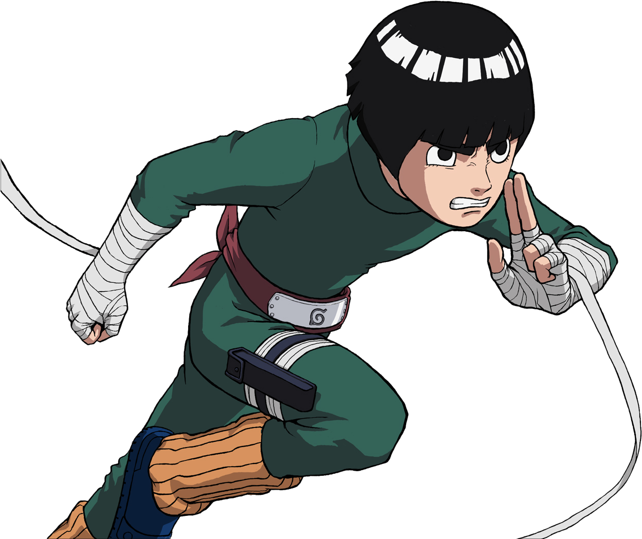 Rock Lee 桌布 壁紙 — 一個堅定的動漫忍者，身穿綠色裝備，纏著繃帶的雙手和頭帶，在黑色背景上向前衝刺。