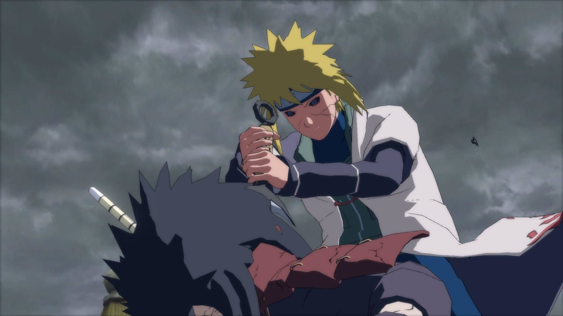 minato namikaze 桌布 壁紙 — 一個堅定的動漫忍者，金色刺蝟頭，在暴風雨的灰色天空下，將苦無舉在一個倒下的黑髮對手之上。