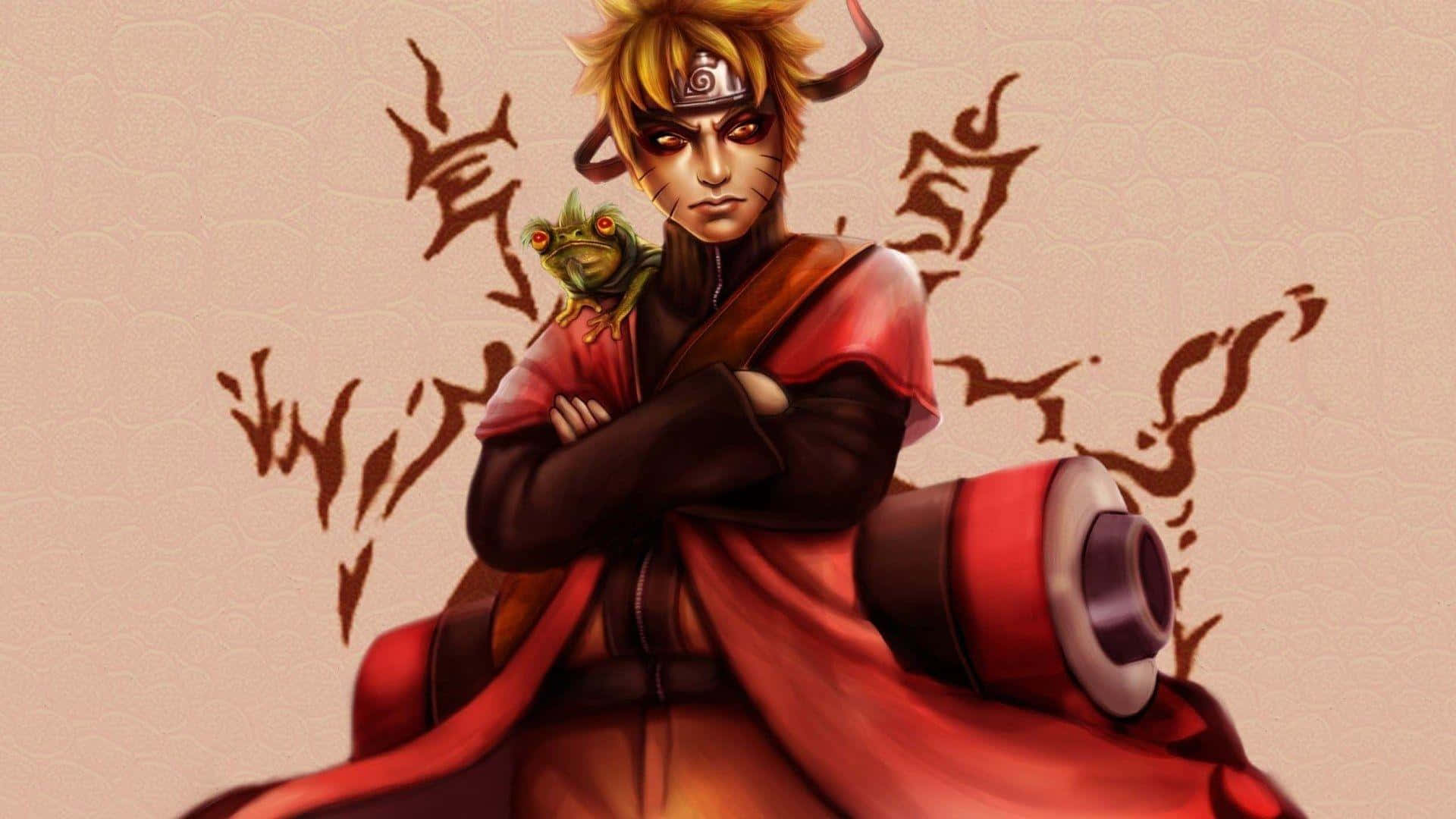 Naruto Sage Mode 桌布 壁紙 — 一個堅定的動漫忍者，金髮紅斗篷，雙臂交叉站立，肩上棲著一隻綠色蟾蜍，背景是帶有風格化棕色紋理的質感米色背景。