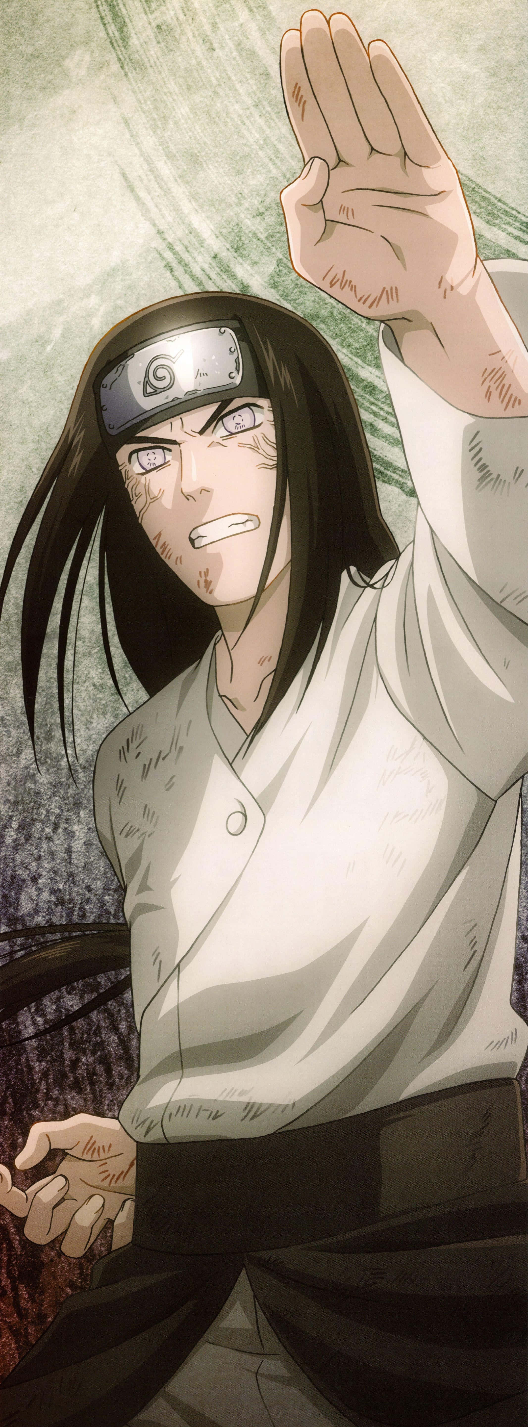Neji Hyuga 桌布 壁紙 — 一個堅定的動漫忍者，長長的黑髮和額頭護具，舉起手做出防禦姿勢，背景是旋轉的綠色。