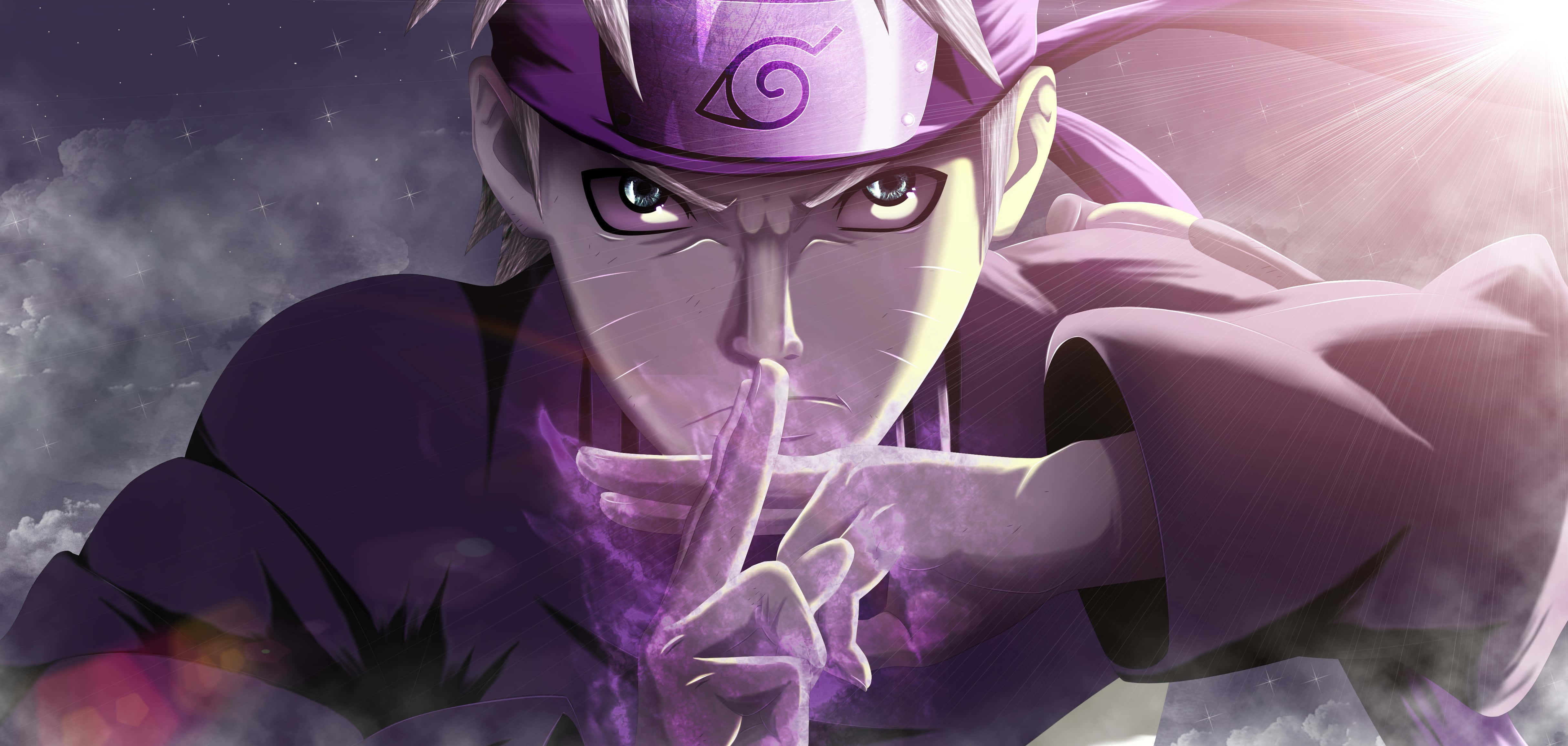 Naruto Anime 桌布 壁紙 — 一個堅定的動漫忍者穿著紫色裝備，在繁星點點的暮色天空中做出沉默的手印。