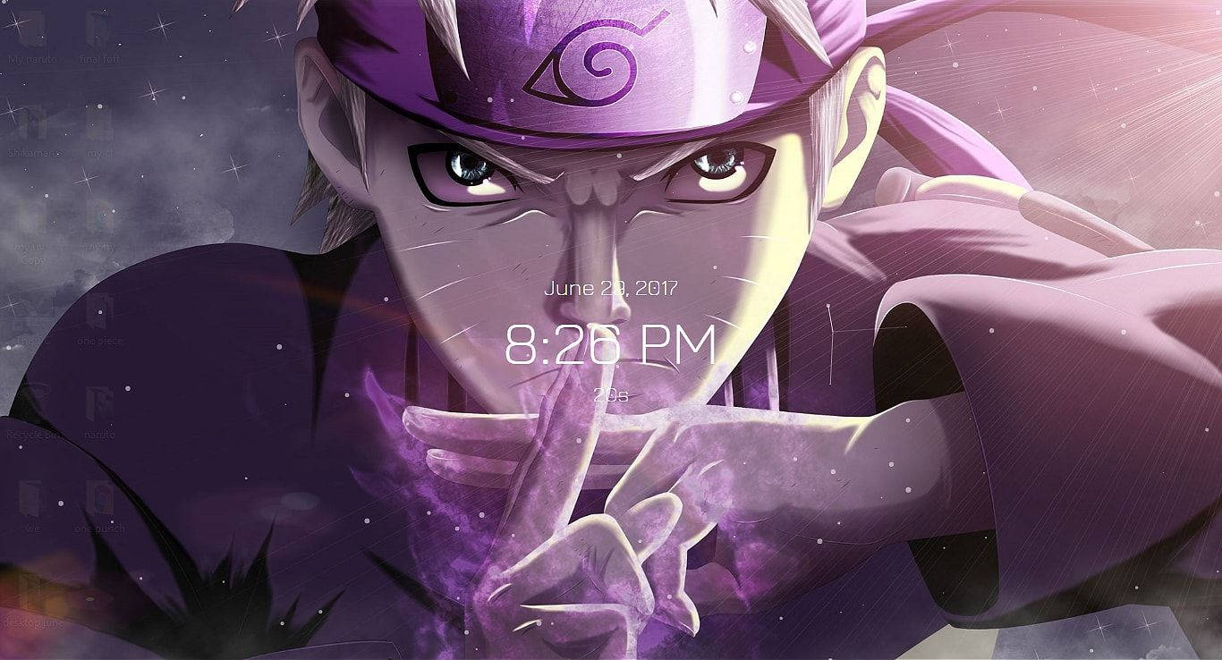 naruto hand signs 桌布 壁紙 — 一個堅定的動漫忍者穿著紫色裝備，在星空下做出噤聲手勢。