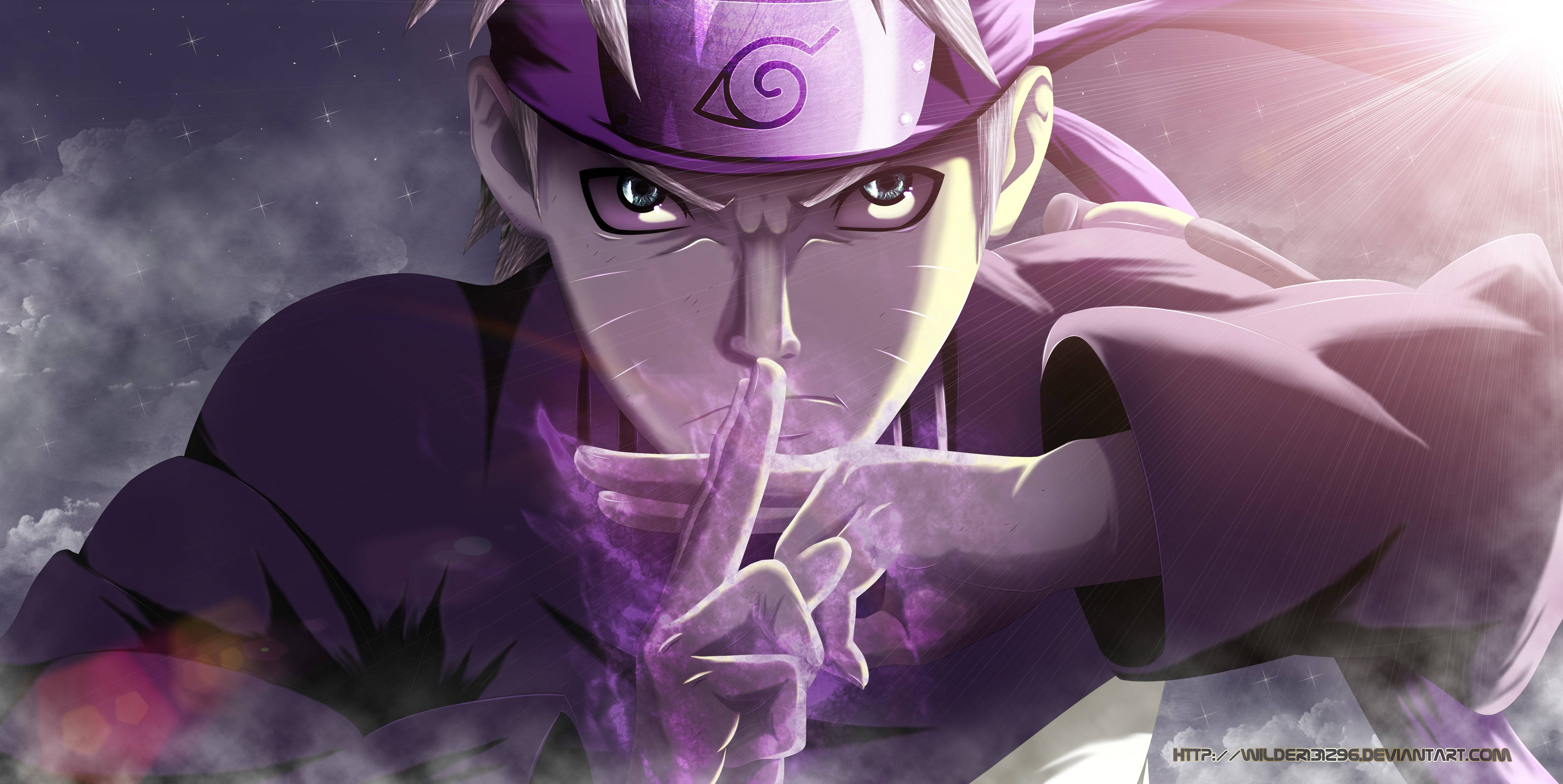 naruto hand signs 桌布 壁紙 — 一個堅定的動漫忍者穿著紫色裝備，在繁星點點的暮色天空中做出安靜的手勢。