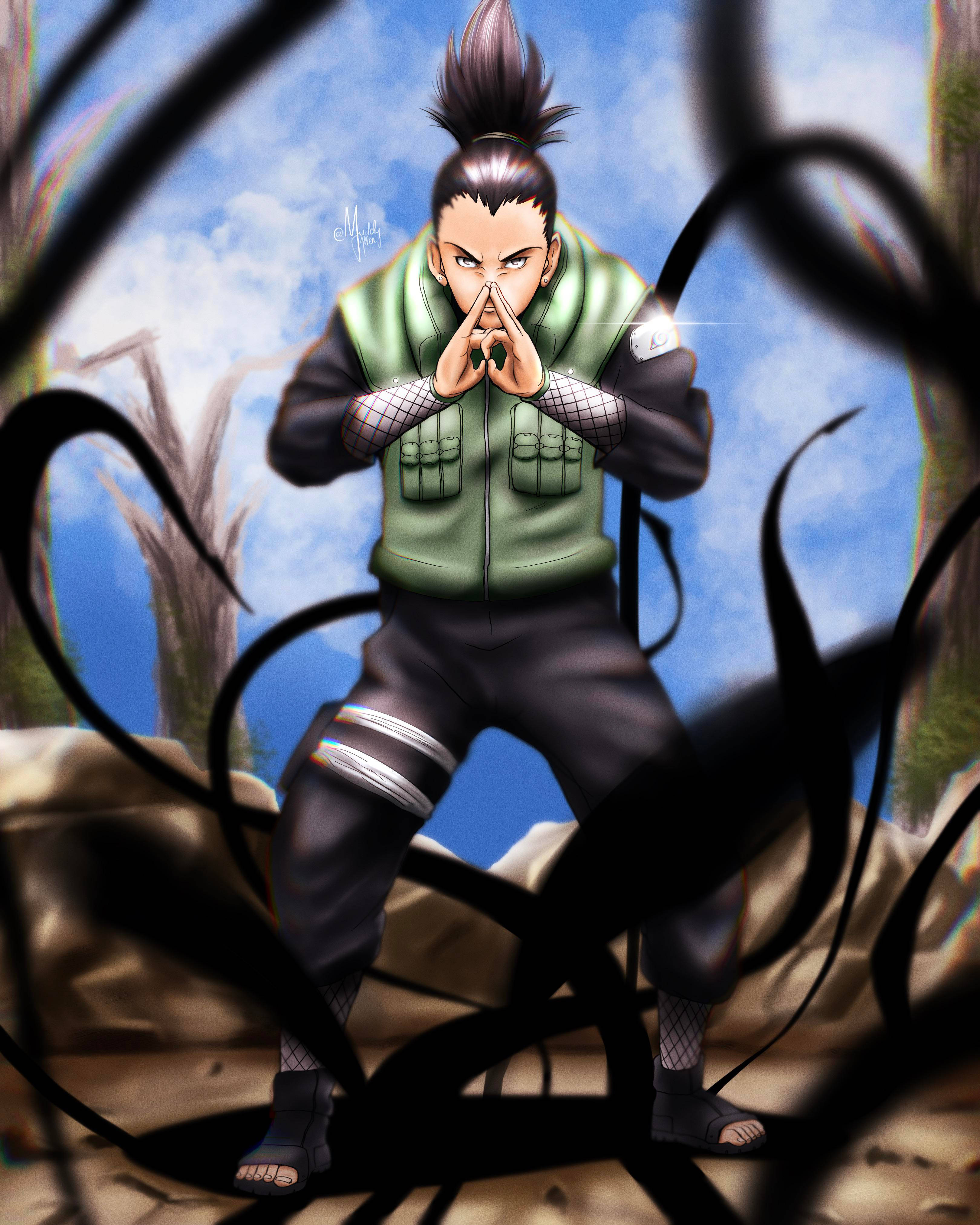 Shikamaru 桌布 壁紙 — 一個堅定的動漫忍者穿著綠色背心，站在森林空地中，被黑色藤蔓包圍，頭頂是明亮的藍天。