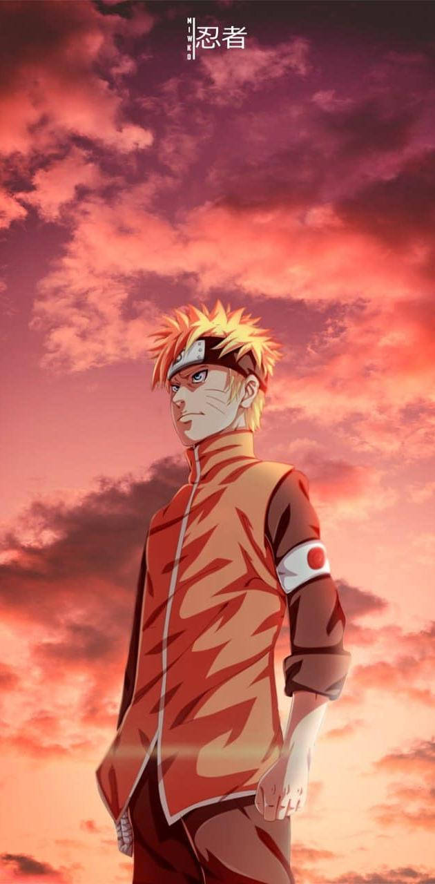Sad Naruto 桌布 壁紙 — 一個堅定的動漫忍者站在火紅的日落天空前，有鮮豔的橙色和粉紅色雲彩。