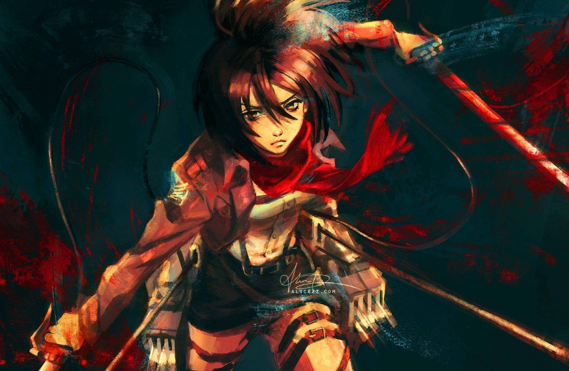 Mikasa 桌布 壁紙 — 一個堅定的動漫戰士，戴著紅色圍巾和裝備，在黑暗的血跡斑斑背景下緊握武器。
