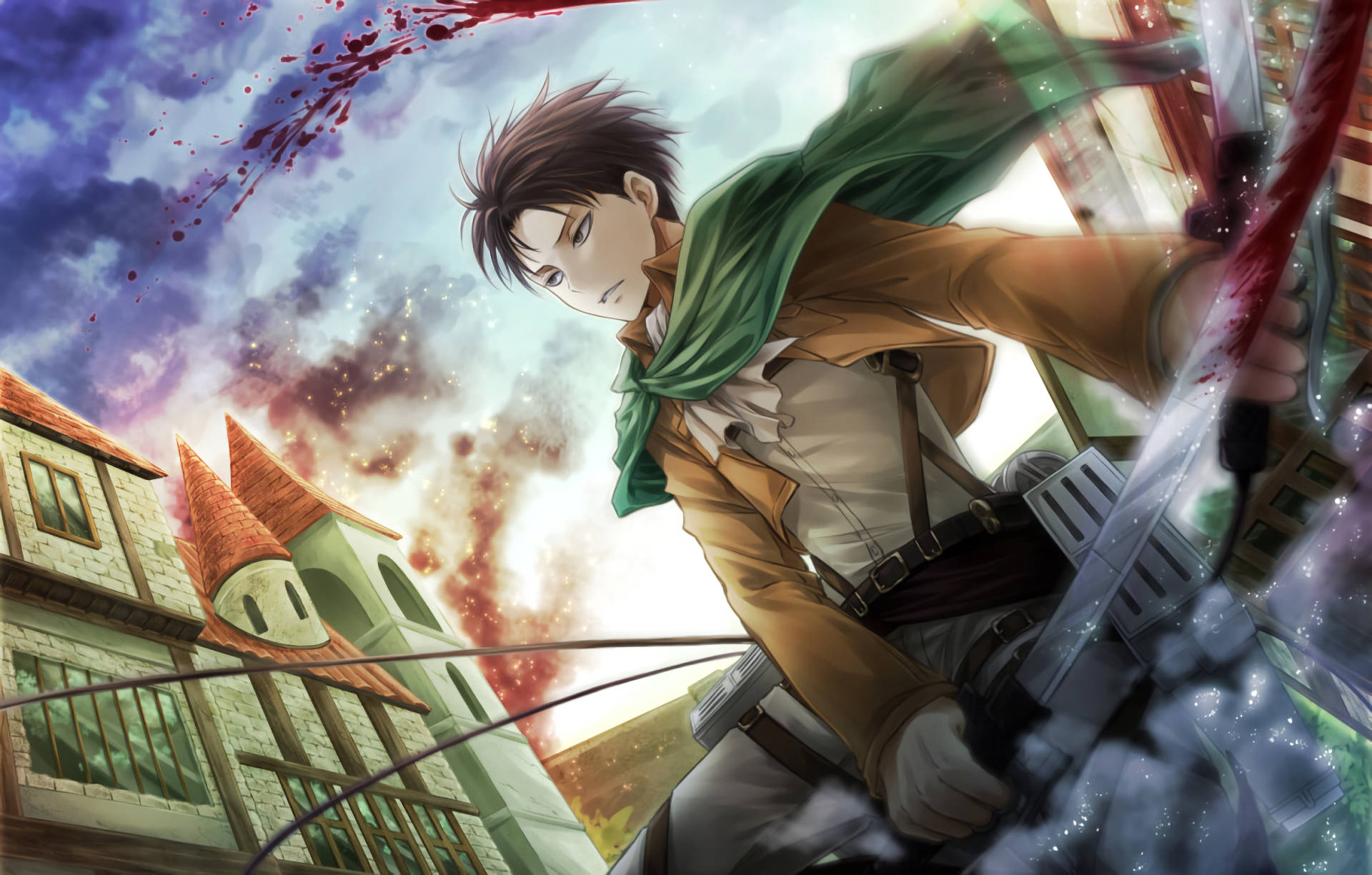levi aesthetic 桌布 壁紙 — 一個堅定的動漫戰士，戴著綠色圍巾和棕色外套，在暴風雨的天空下，手持血跡斑斑的劍，跳過一個破碎的小鎮。