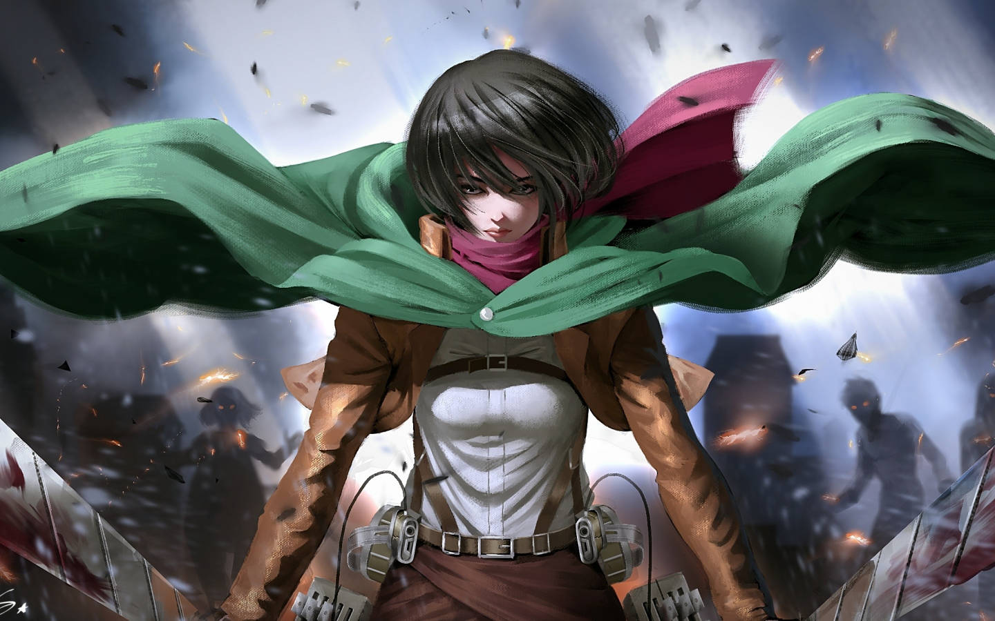 Mikasa 桌布 壁紙 — 一個堅定的動漫戰士，戴著綠色圍巾和裝備，站在暴風雨天空下的戰鬥廢墟和飛濺的火花中。