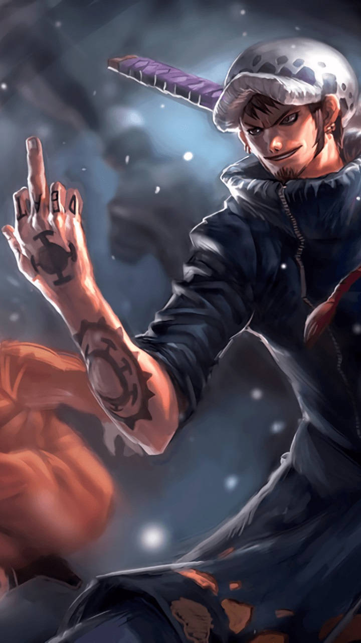 One Piece Phone 桌布 壁紙 — 一個堅定的動漫戰士，戴著骷髏頭盔和刺青手臂，舉起一根手指，背後有一把劍在黑暗暴風雨中發光。