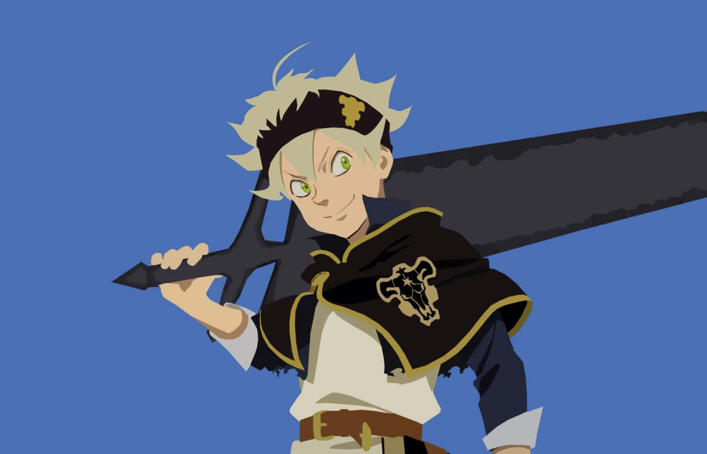 Asta Black Clover 4K 桌布 壁紙 — 一個堅定的動漫戰士，有著刺刺的金色頭髮和綠色眼睛，在純藍色背景前揮舞著一把巨大的黑色劍。