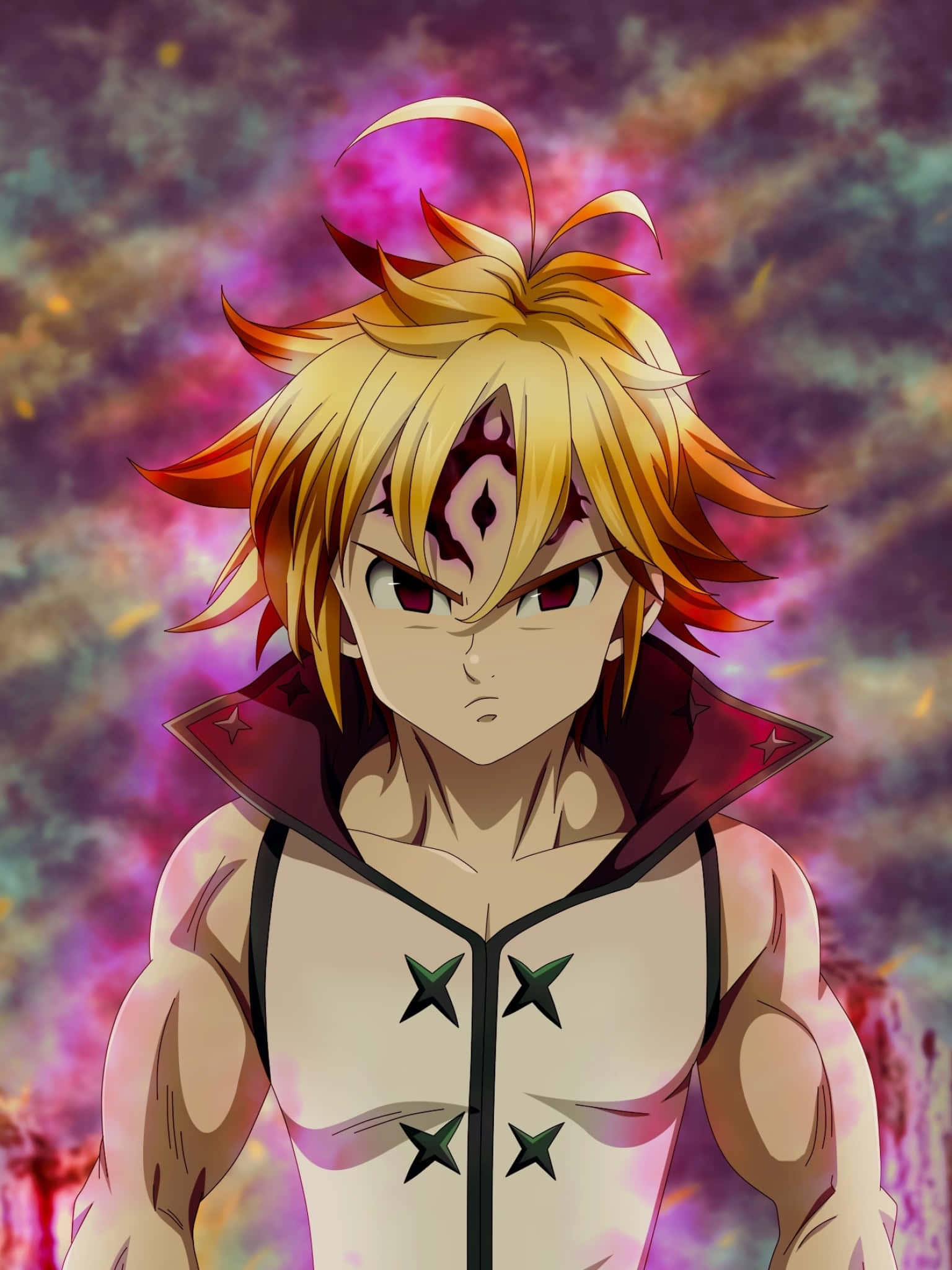 Meliodas 桌布 壁紙 — 一個堅定的動漫戰士，有著尖刺的金色頭髮和紅色眼睛，站在旋轉的宇宙紫色和粉紅色背景前。