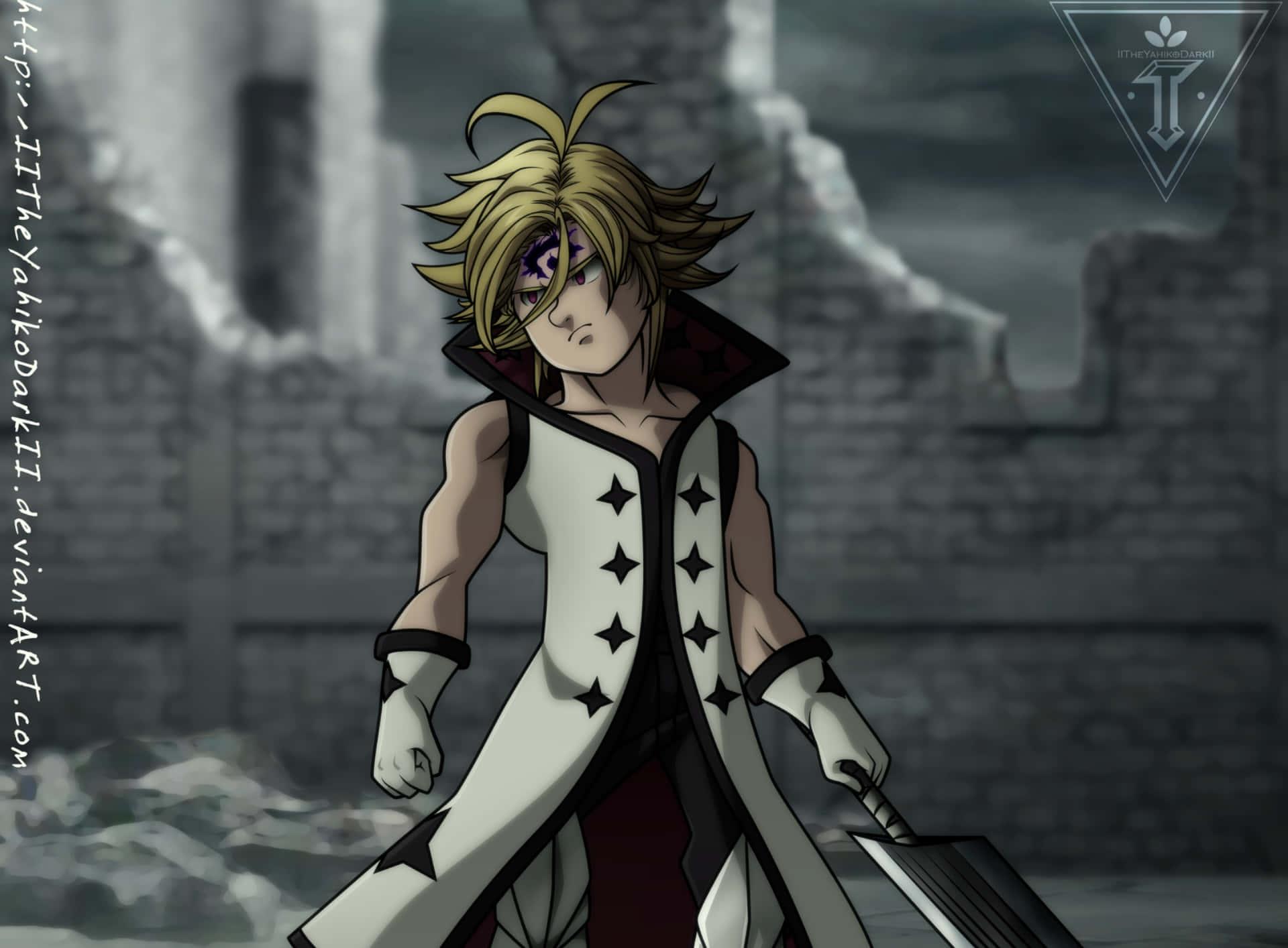 Seven Deadly Sins 4K 桌布 壁紙 — 一個堅定的動漫戰士，有著尖刺金髮和飾有星星的外套，站在 crumbling 石頭廢墟中，手持一把劍。