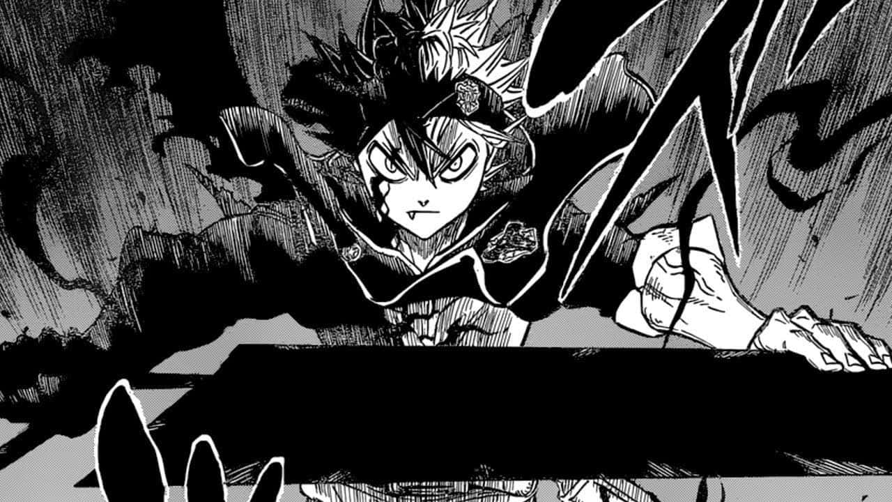 Asta Black Clover 4K 桌布 壁紙 — 一個堅定的動漫戰士，有著尖刺頭髮和銳利的眼神，在動態的黑白漫畫面板中向前衝刺。