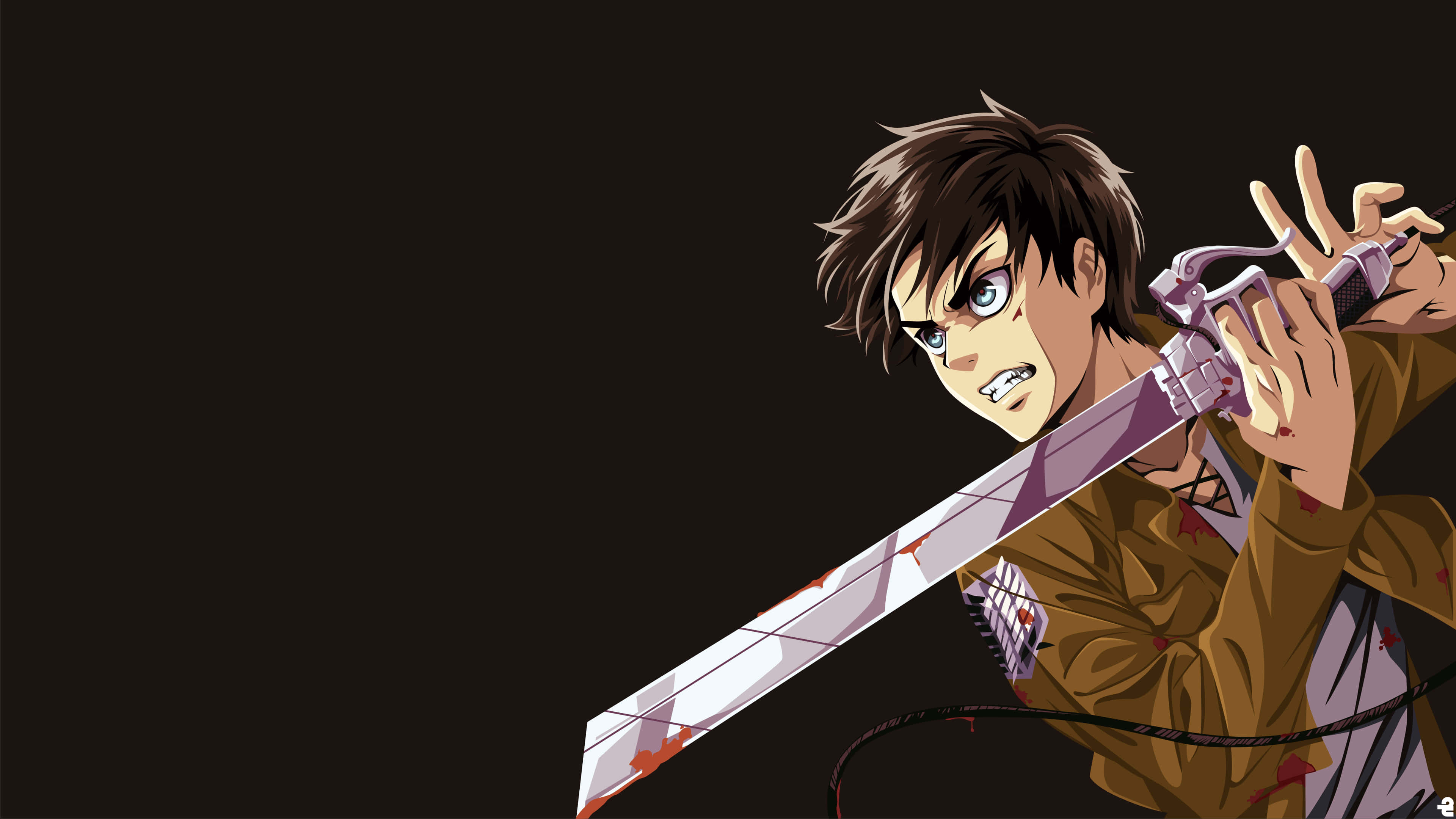 Attack On Titan Titan Eren 桌布 壁紙 — 一個堅定的動漫戰士，棕色頭髮，在黑暗背景下握著一把沾血的劍。