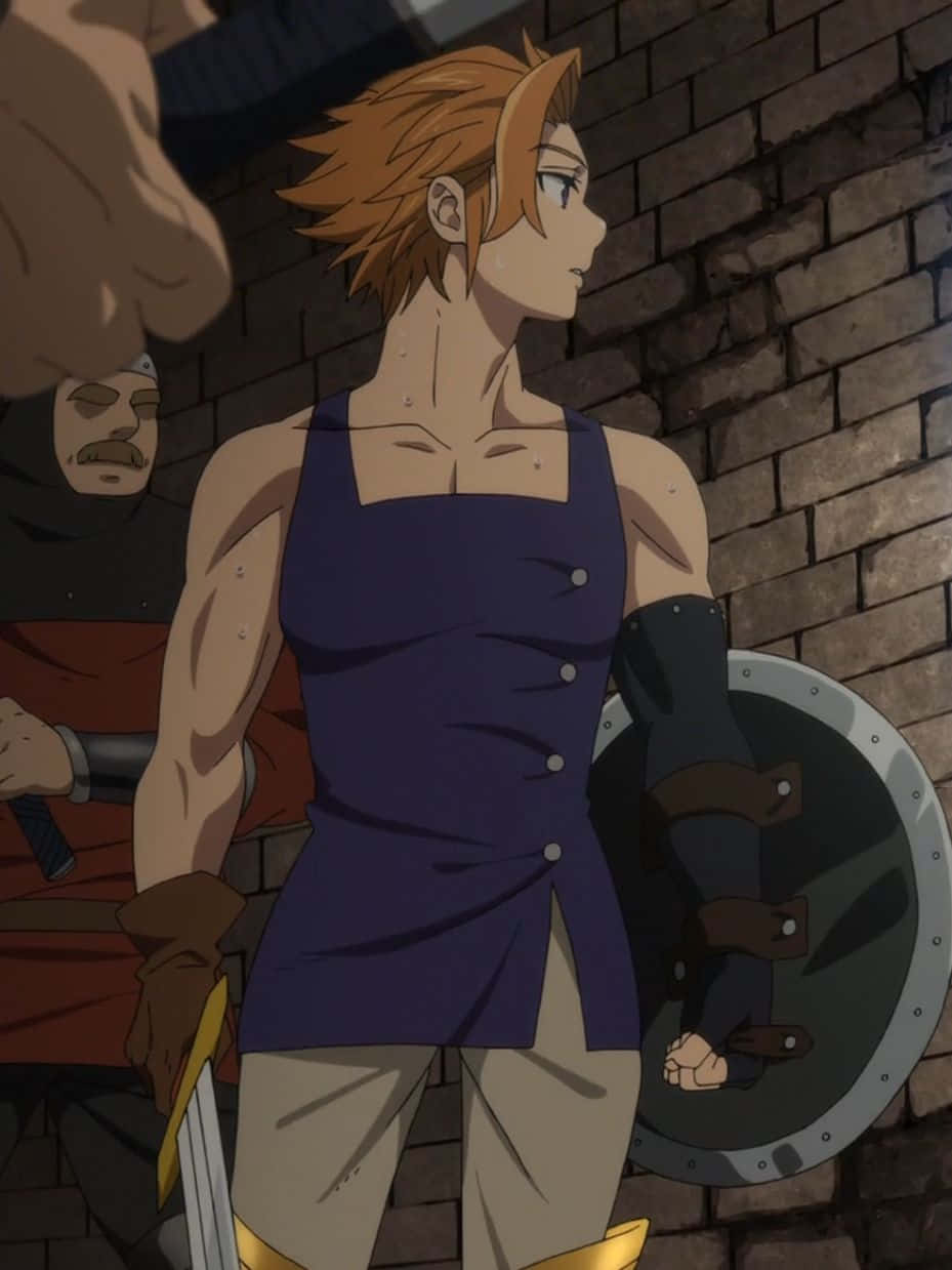 Seven Deadly Sins Arthur Pendragon 桌布 壁紙 — 一個堅定的動漫戰士，橙色頭髮，手持盾牌和劍，準備面對磚牆。