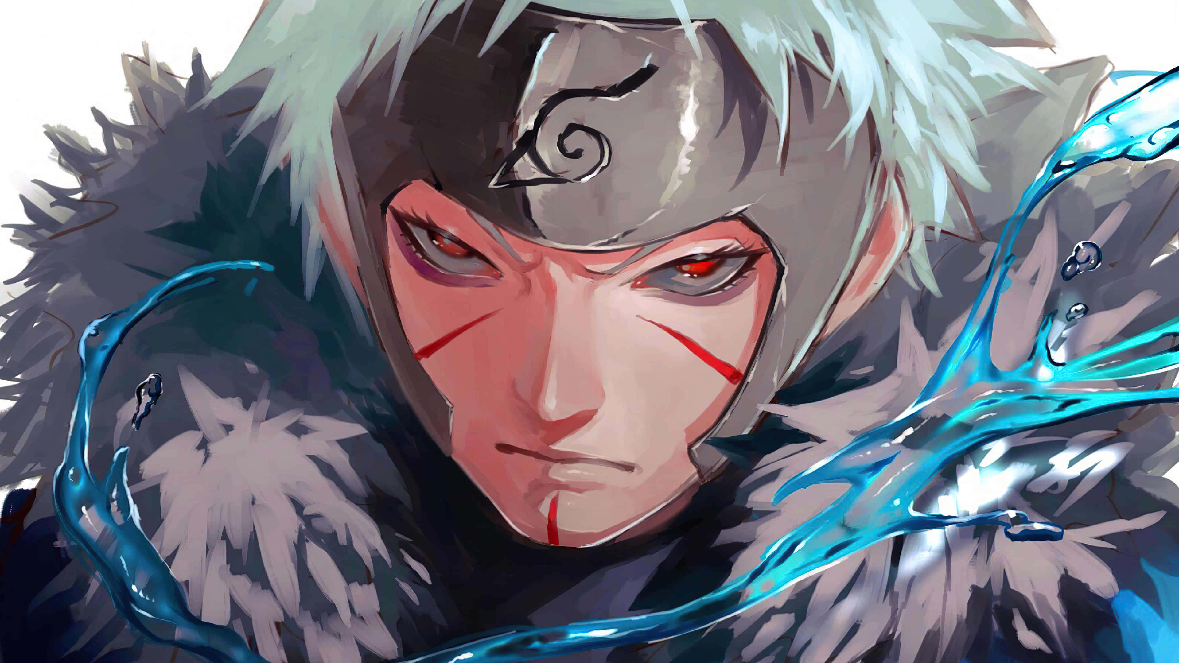 tobirama senju 桌布 壁紙 — 一個堅定的動漫戰士，白髮紅眼，在特寫肖像中引導藍色查克拉水。