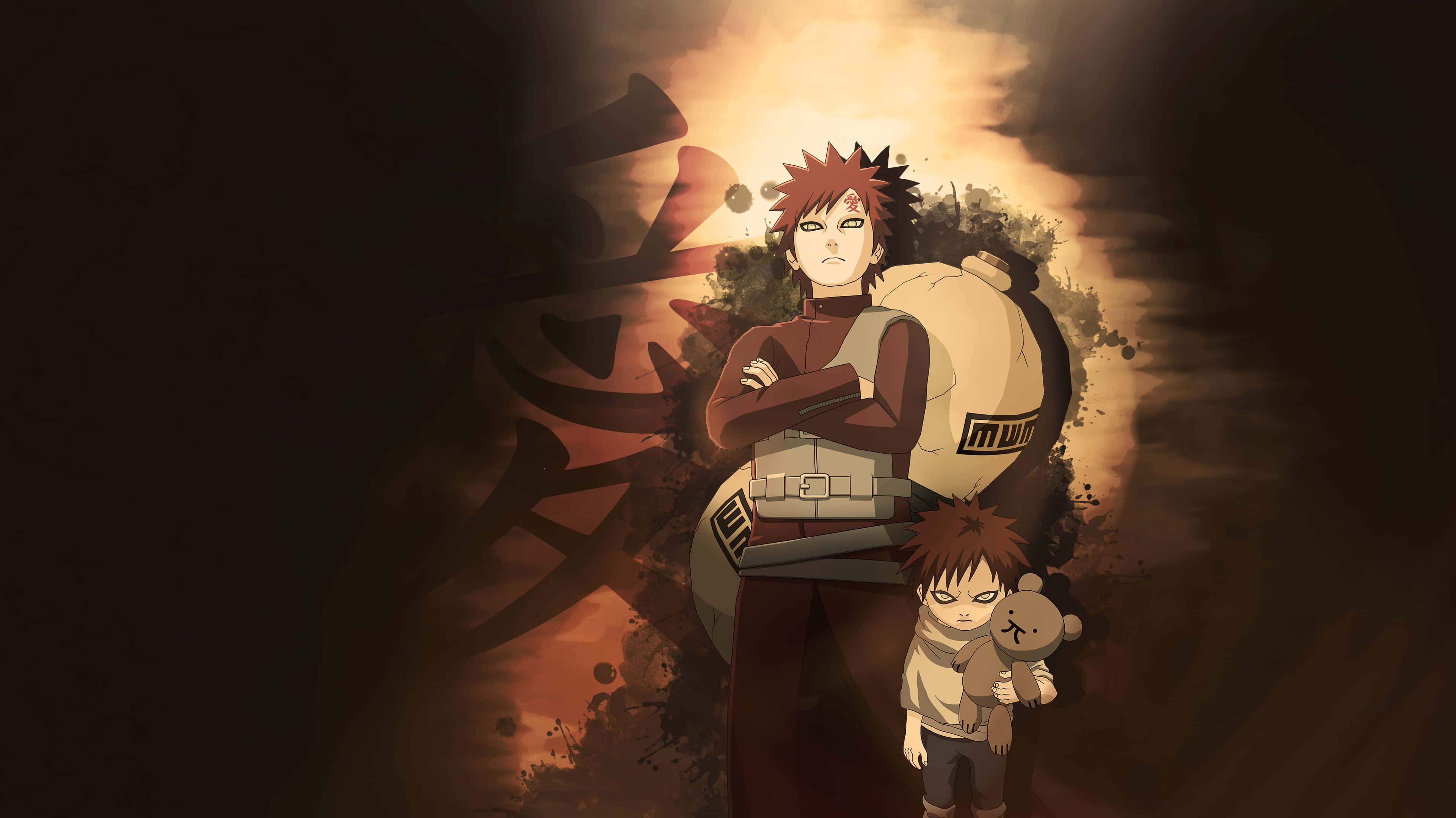 Naruto Anime 桌布 壁紙 — 一個堅定的動漫戰士，紅色刺蝟頭，保護性地站在一個抱著泰迪熊的小男孩身後，背景是火焰和一個大型漢字。