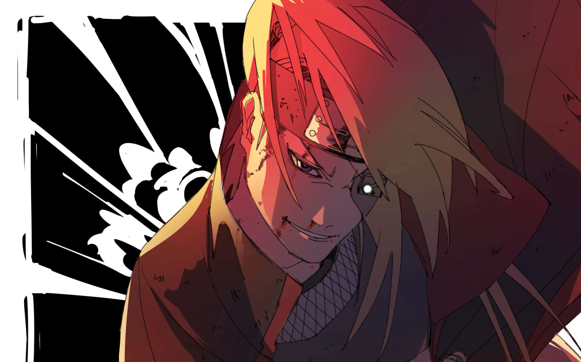 Akatsuki X Deidara 桌布 壁紙 — 一個堅定的動漫戰士，紅髮和發光的眼睛，在動態的黑白背景下強烈凝視。