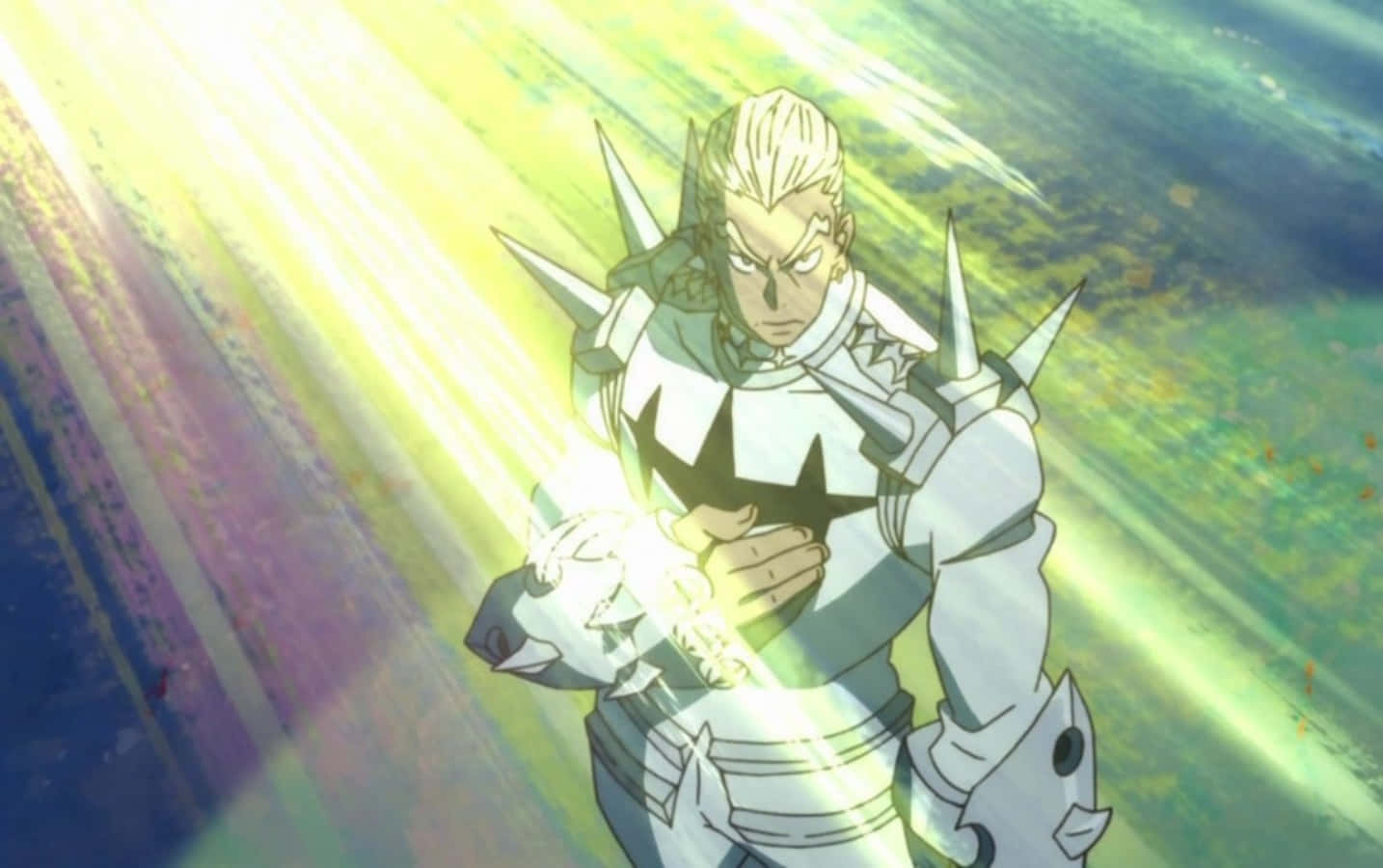 Ira Gamagoori 桌布 壁紙 — 一個堅定的動漫戰士，身穿尖刺盔甲，在充滿活力的條紋背景下，以強烈的專注力引導發光的能量。