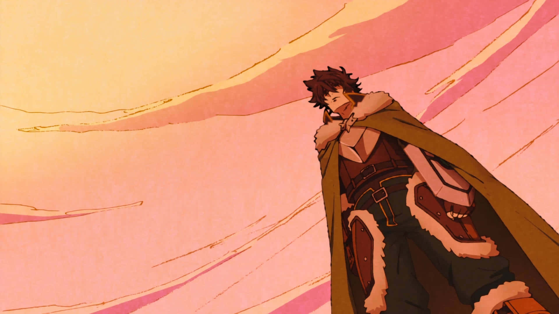 Shield Hero 桌布 壁紙 — 一個堅定的動漫戰士，身穿毛皮襯裡斗篷，站在充滿活力的粉紅色和橙色天空前，天空中有條紋雲。