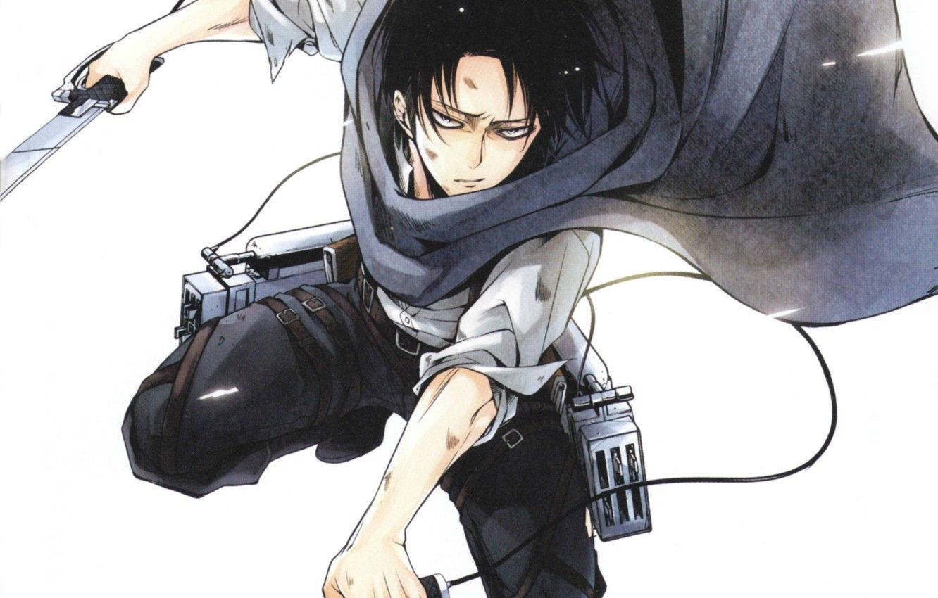 Levi 桌布 壁紙 — 一個堅定的動漫戰士，身穿深色斗篷和裝備，在純白背景前拔劍衝刺。