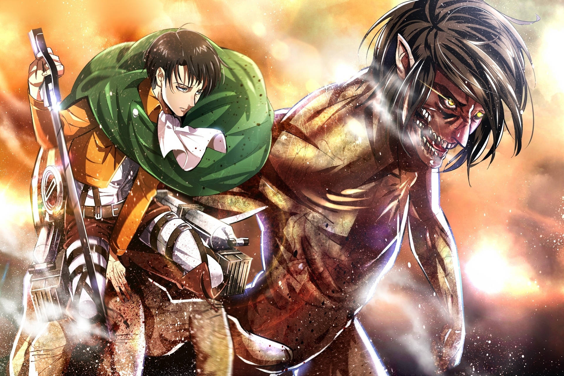 levi aesthetic 桌布 壁紙 — 一個堅定的動漫戰士，身穿綠色斗篷，在熾熱的橙色天空下與一個怪物般的巨人戰鬥。