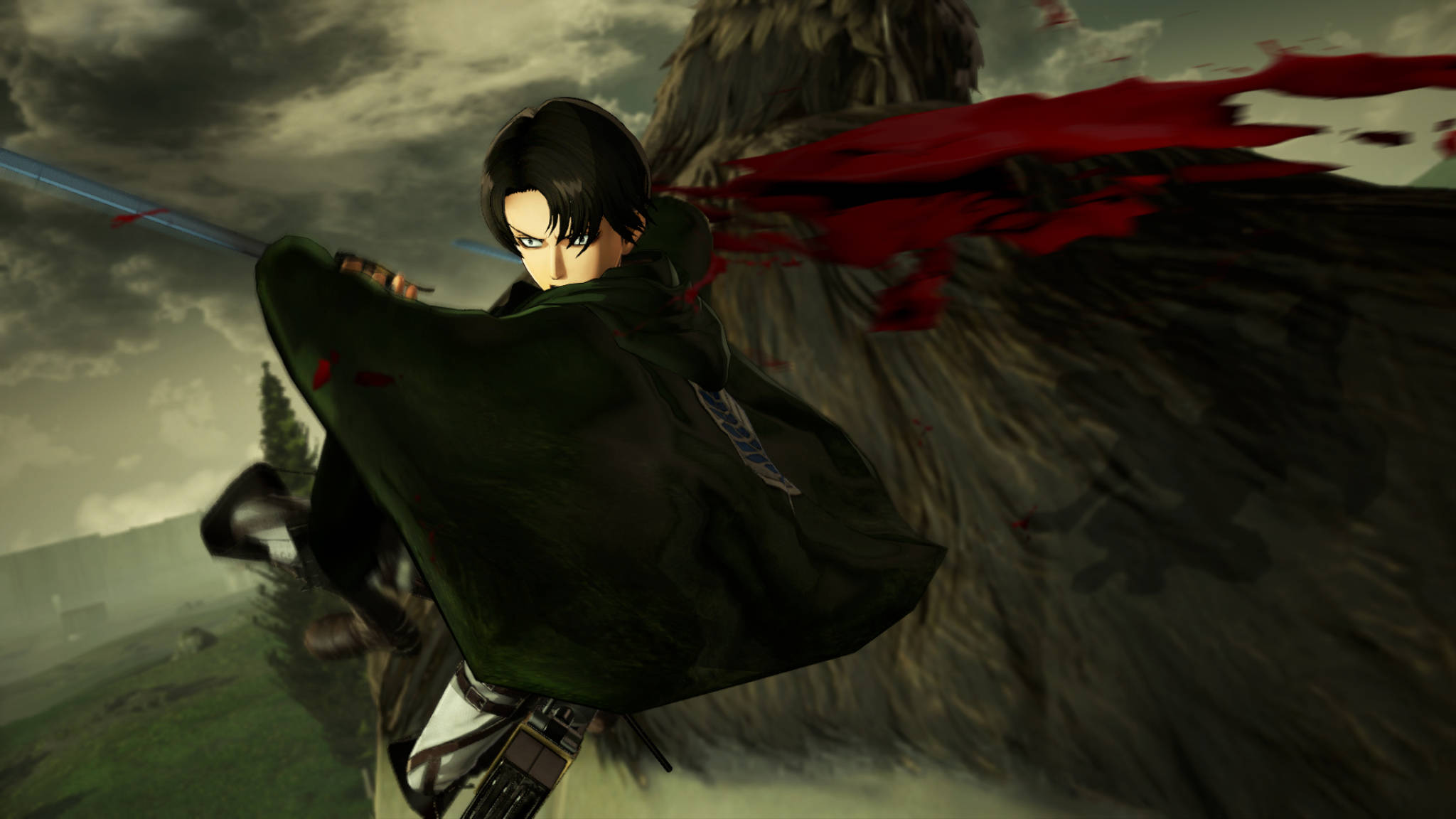 Levi 桌布 壁紙 — 一個堅定的動漫戰士，身穿綠色斗篷，在暴風雨的天空下用發光的劍斬殺一個巨大的泰坦。