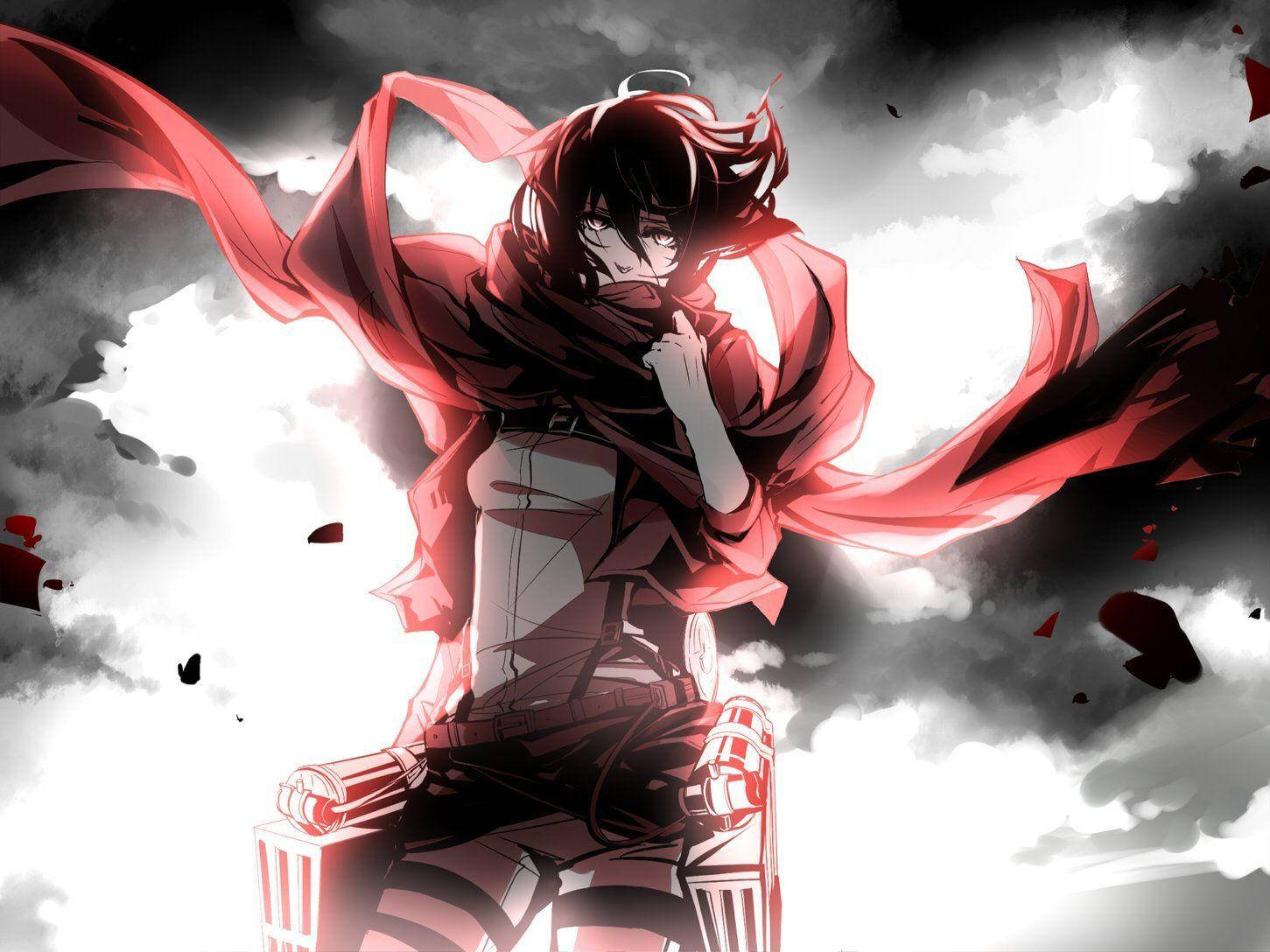 Mikasa 桌布 壁紙 — 一個堅定的動漫戰士，身穿飄逸的紅色斗篷，站在暴風雲中，擁有機械肢體和兇猛的表情。