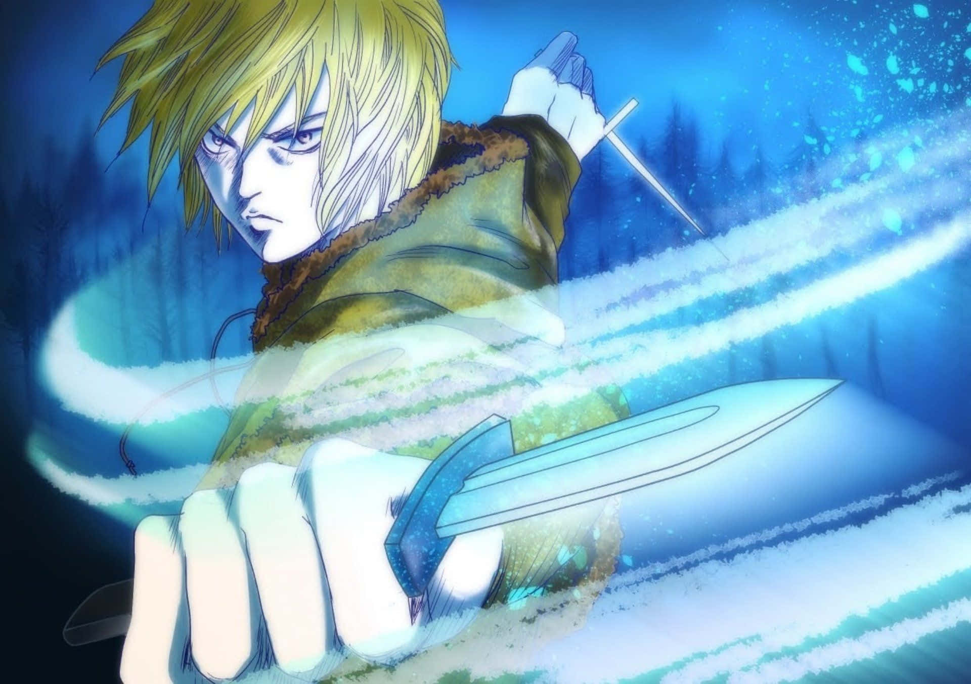 文蘭傳奇 桌布 壁紙 — 一個堅定的動漫戰士，金髮，在白雪覆蓋的森林中，握著一把發光的劍，周圍環繞著旋轉的藍色能量。