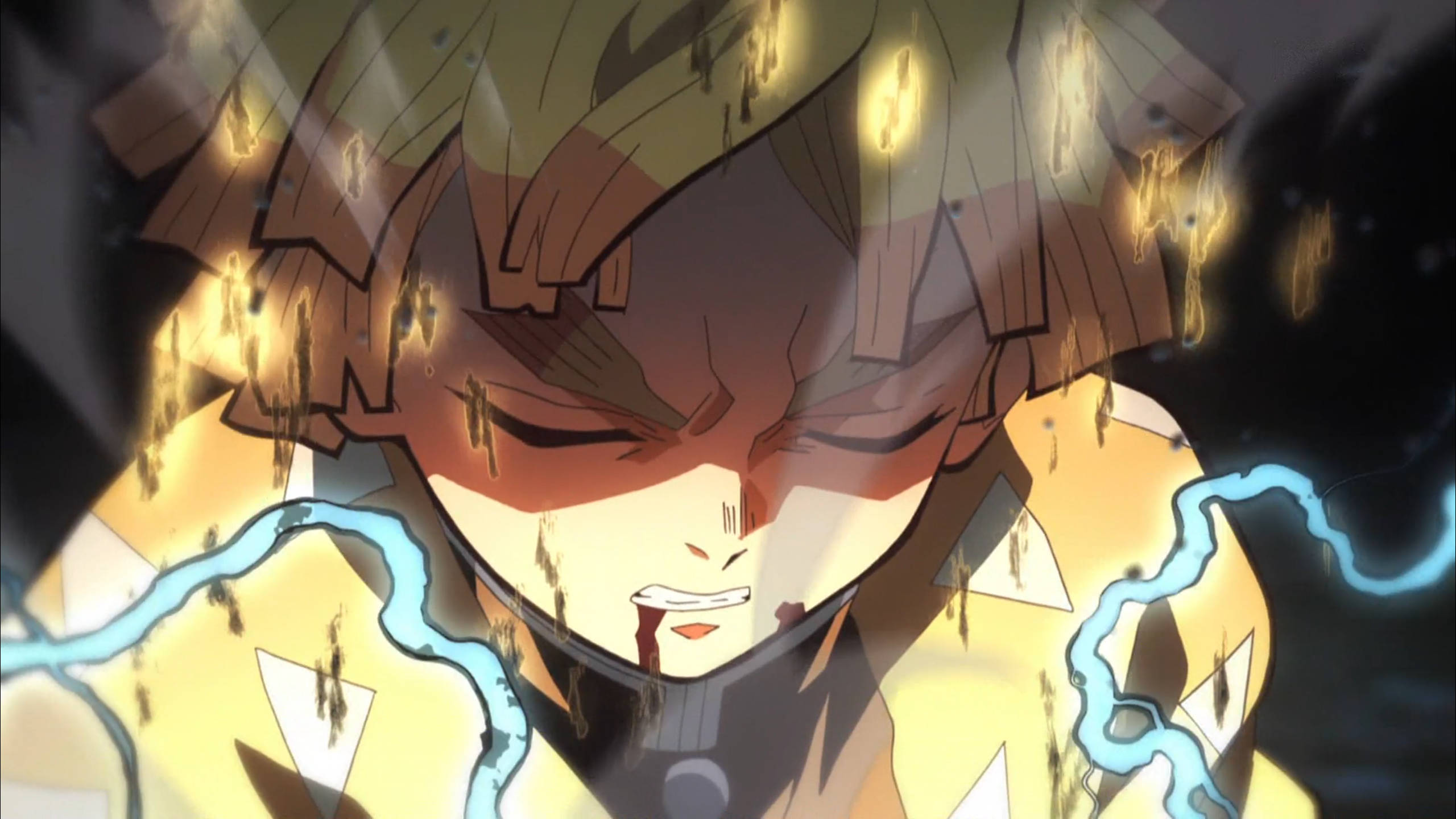 Demon Slayer Zenitsu 桌布 壁紙 — 一個堅定的動漫戰士，金髮和發光的藍色能量在他緊握的拳頭周圍噼啪作響，他在戰鬥中咬牙切齒。