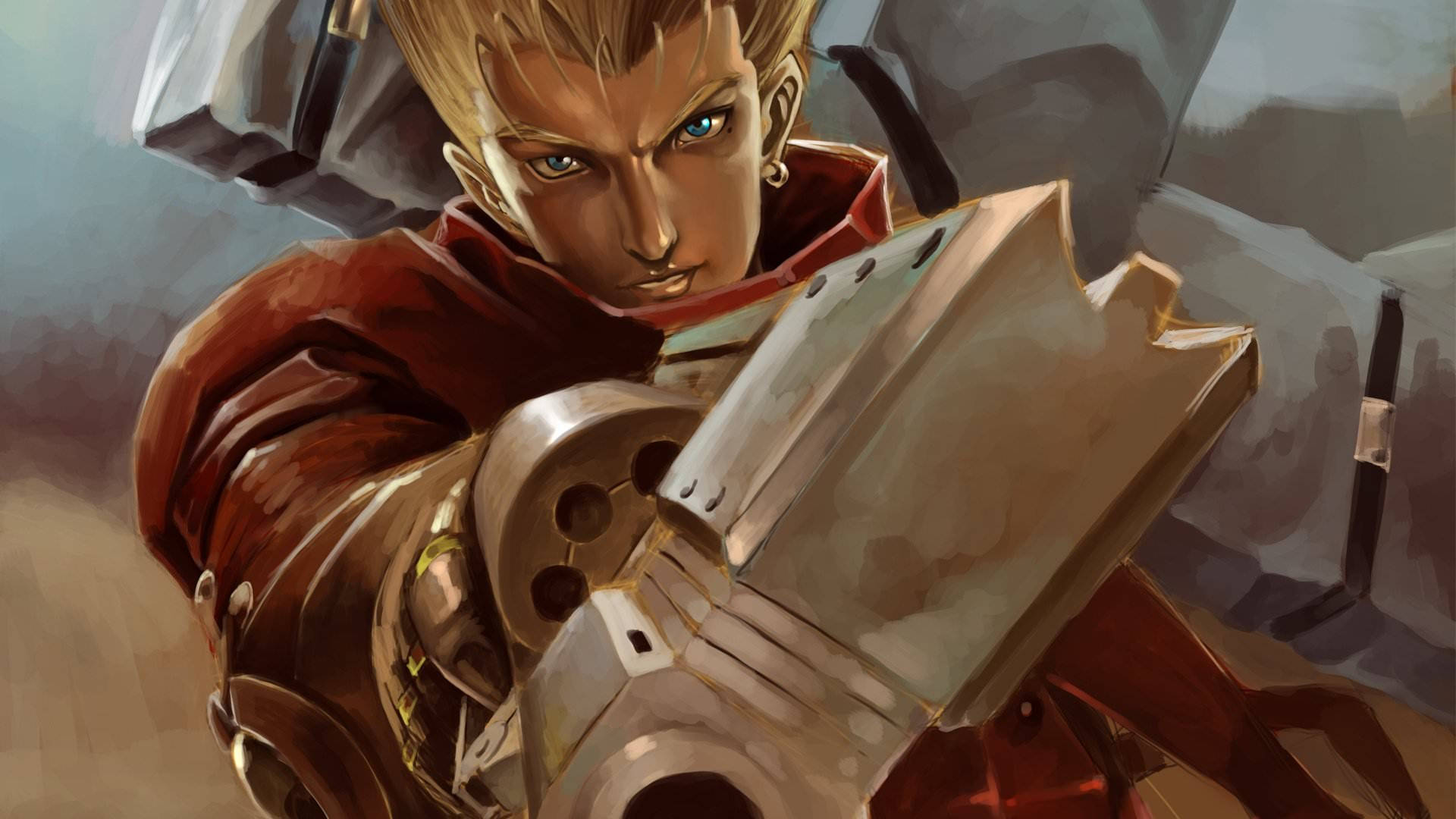 Trigun 桌布 壁紙 — 一個堅定的動漫戰士，金髮藍眼，在灰暗煙霧瀰漫的戰場上緊握著一把大型機械武器。