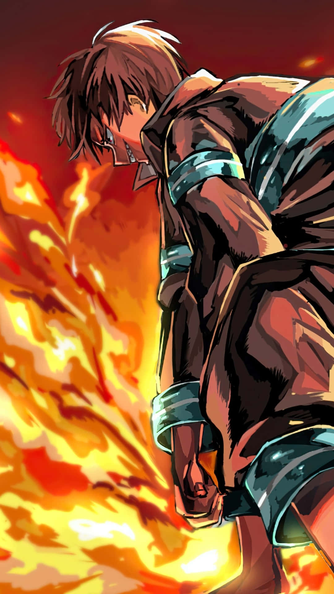 Anime Fire 桌布 壁紙 — 一個堅定的動漫戰士，雙眼發光、緊握拳頭，挑釁地站在咆哮的烈火地獄前。