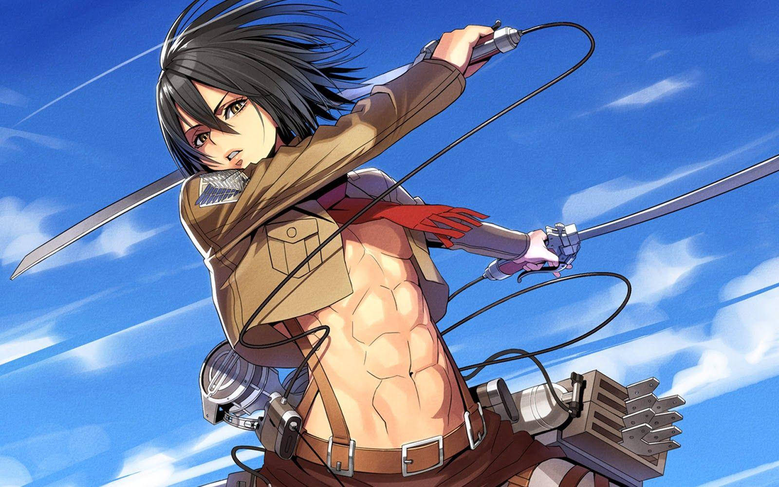 Mikasa 桌布 壁紙 — 一個堅定的動漫戰士，黑髮紅圍巾，在明亮的藍天下使用機動裝置揮劍。