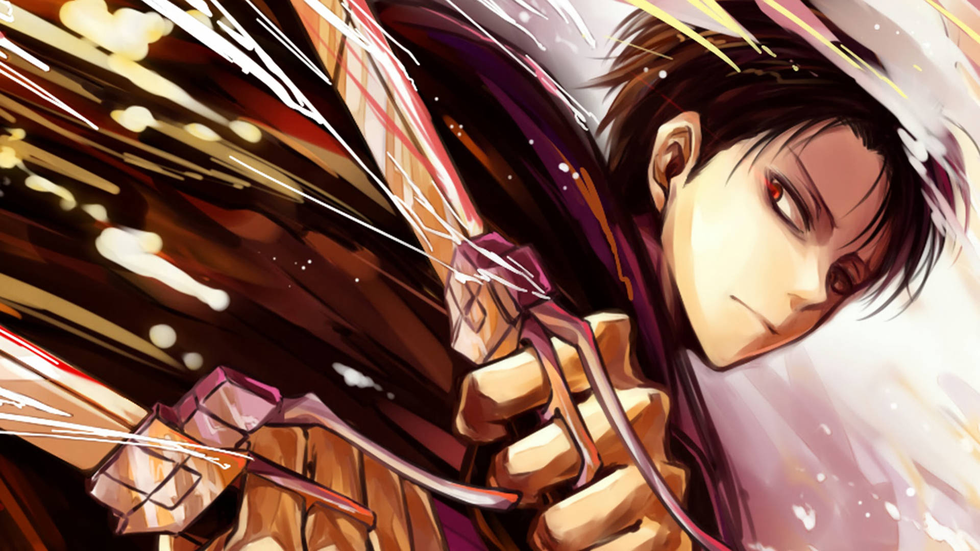 levi aesthetic 桌布 壁紙 — 一個堅定的動漫戰士在動態動作線條和熾熱能量爆發中緊握劍。