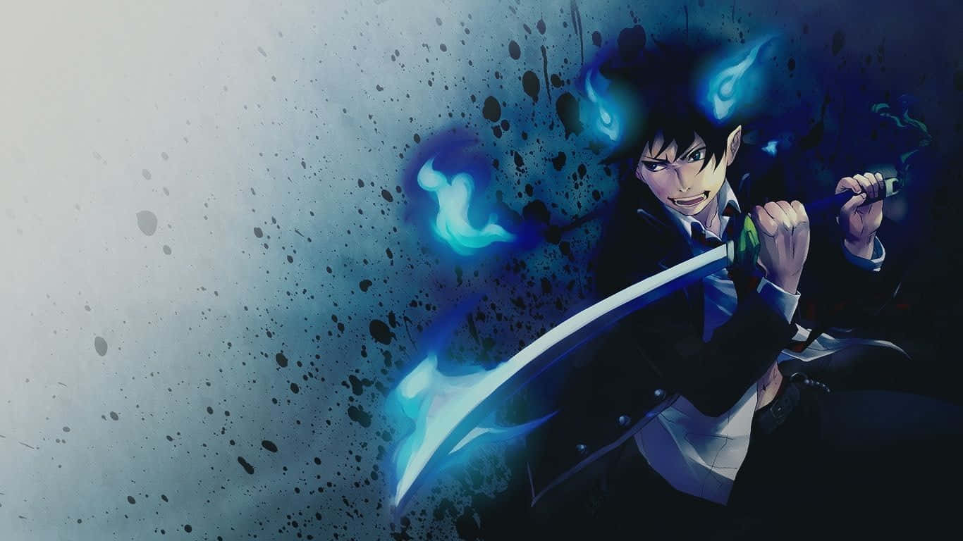 Blue Exorcist 桌布 壁紙 — 一個堅定的動漫戰士在動態墨水飛濺和旋轉能量效果中揮舞著發光的藍色劍。